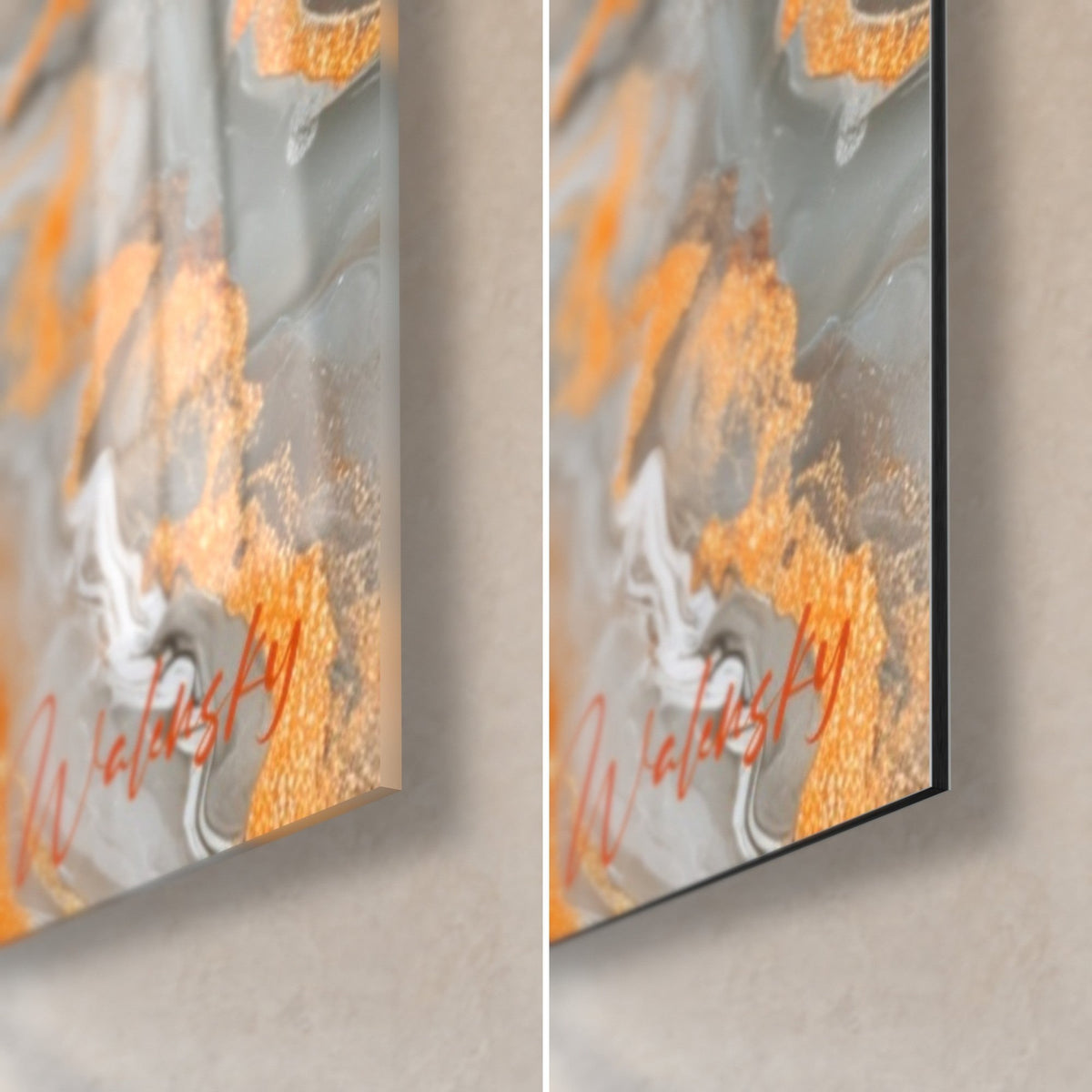 Tableau veinures orange doré et gris ardoise, coin bas droit : verre acrylique brillant à gauche, alu Dibond mat à droite