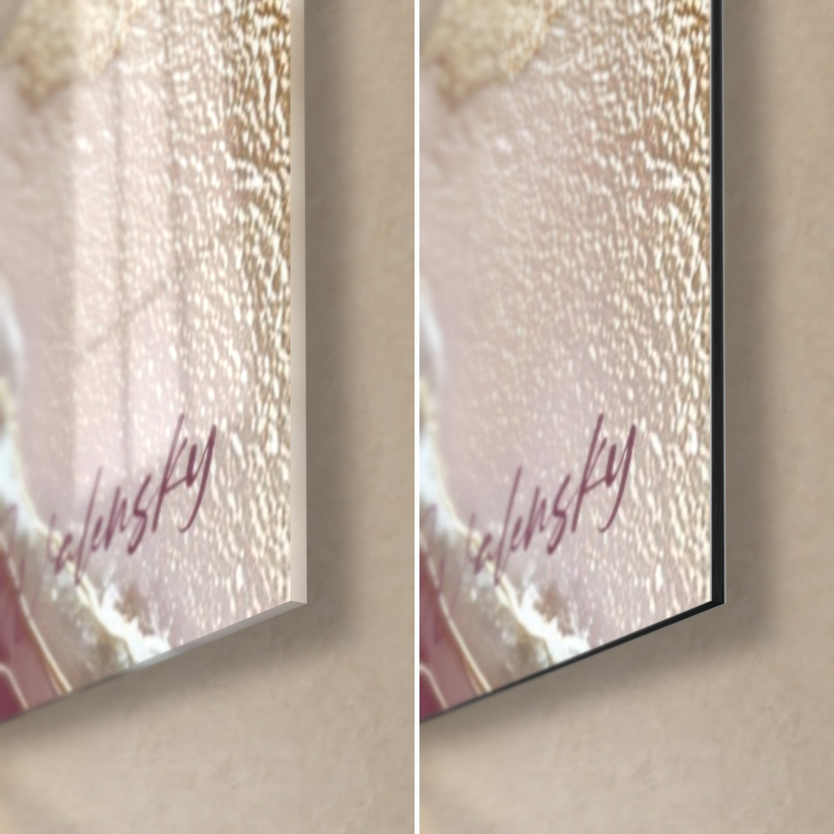 Gemälde mit abstraktem Marmor in Bordeaux und Gold, untere rechte Ecke: glänzendes Acrylglas links, matt gebürstetes Dibond rechts