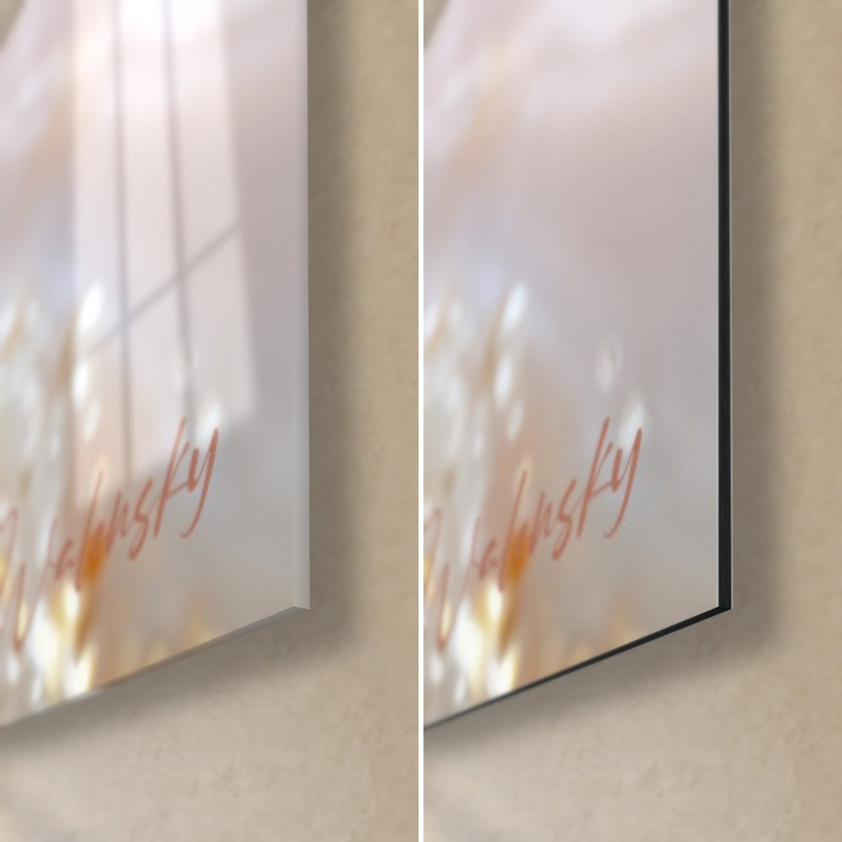 Tableau géode rose et or, coin bas droit : verre acrylique brillant à gauche, alu Dibond blanc mat à droite, tranche fine