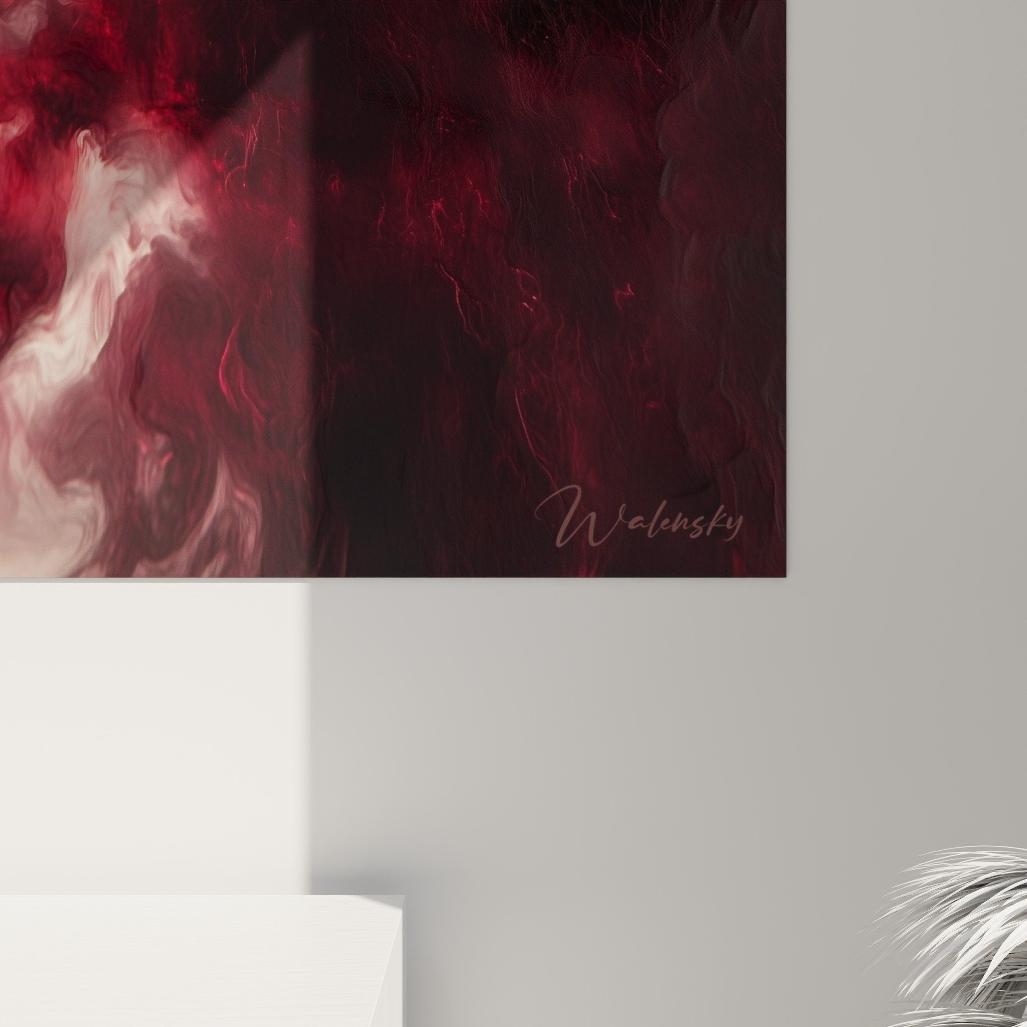 Vue d'ensemble tableau marbre abstrait rouge blanc dore dans interieur salon decoration moderne