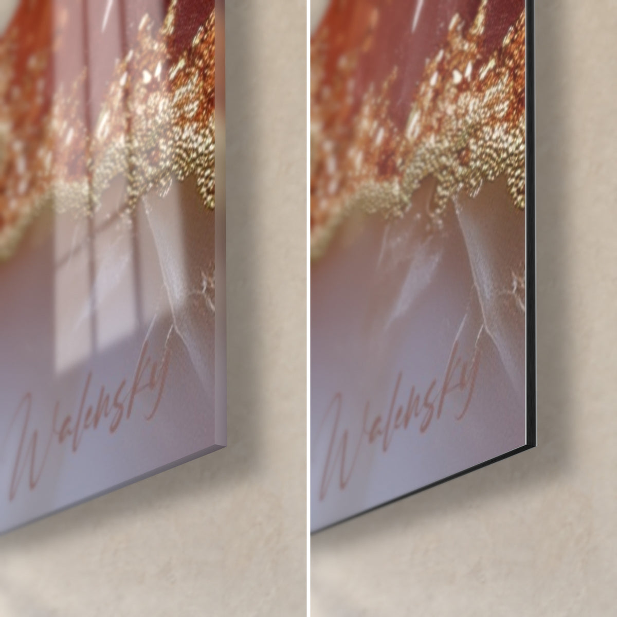 Schilderij abstract marmer in roze en goud, rechteronderhoek: glanzend glas met reflecties, mat zwart Dibond-aluminium, 3 mm rand