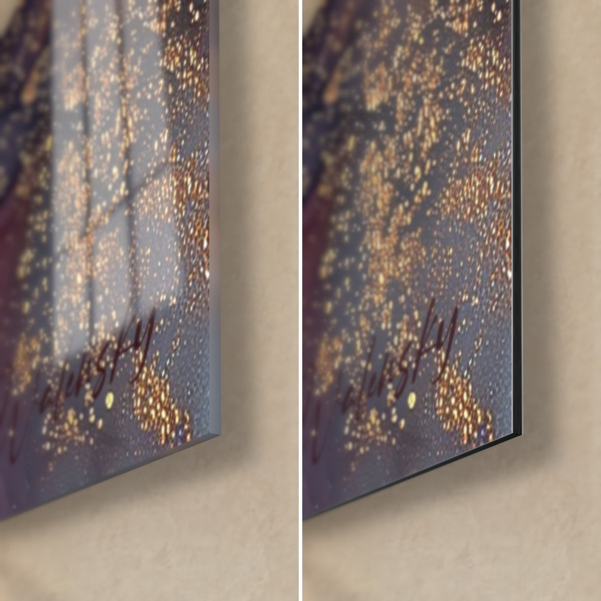 Schilderij alcoholinkt in granaatrood en goud, rechterbenedenhoek: glanzend glas links, mat Dibond rechts, 3 mm rand
