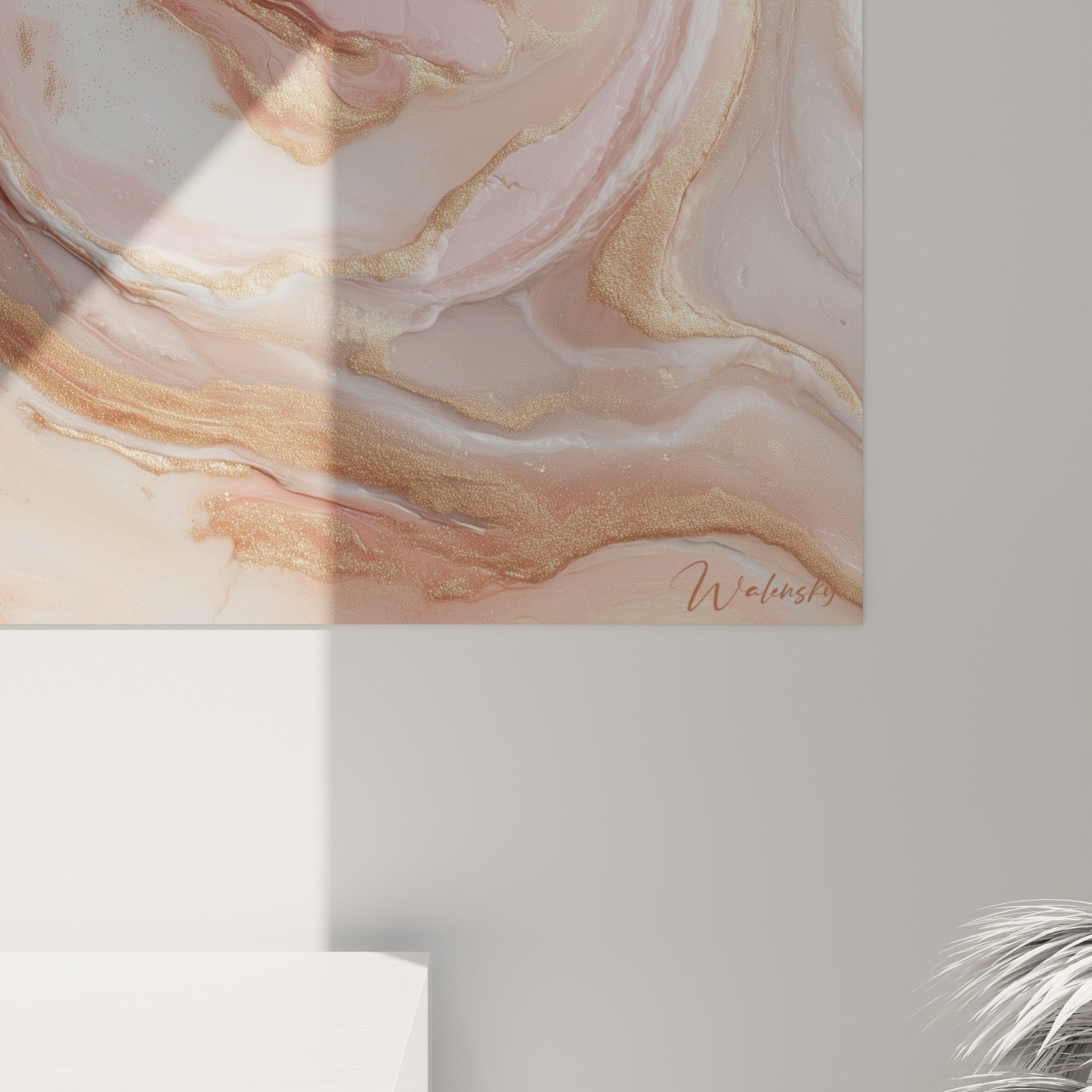 Overview abstract marble canvas pink white gold in elegant contemporary interior