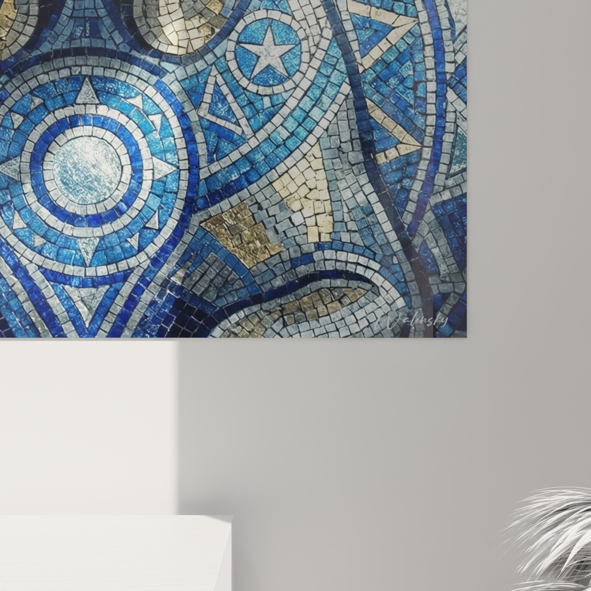 Vue d'ensemble mosaïque Bullmastiff bleu motifs étoiles géométriques