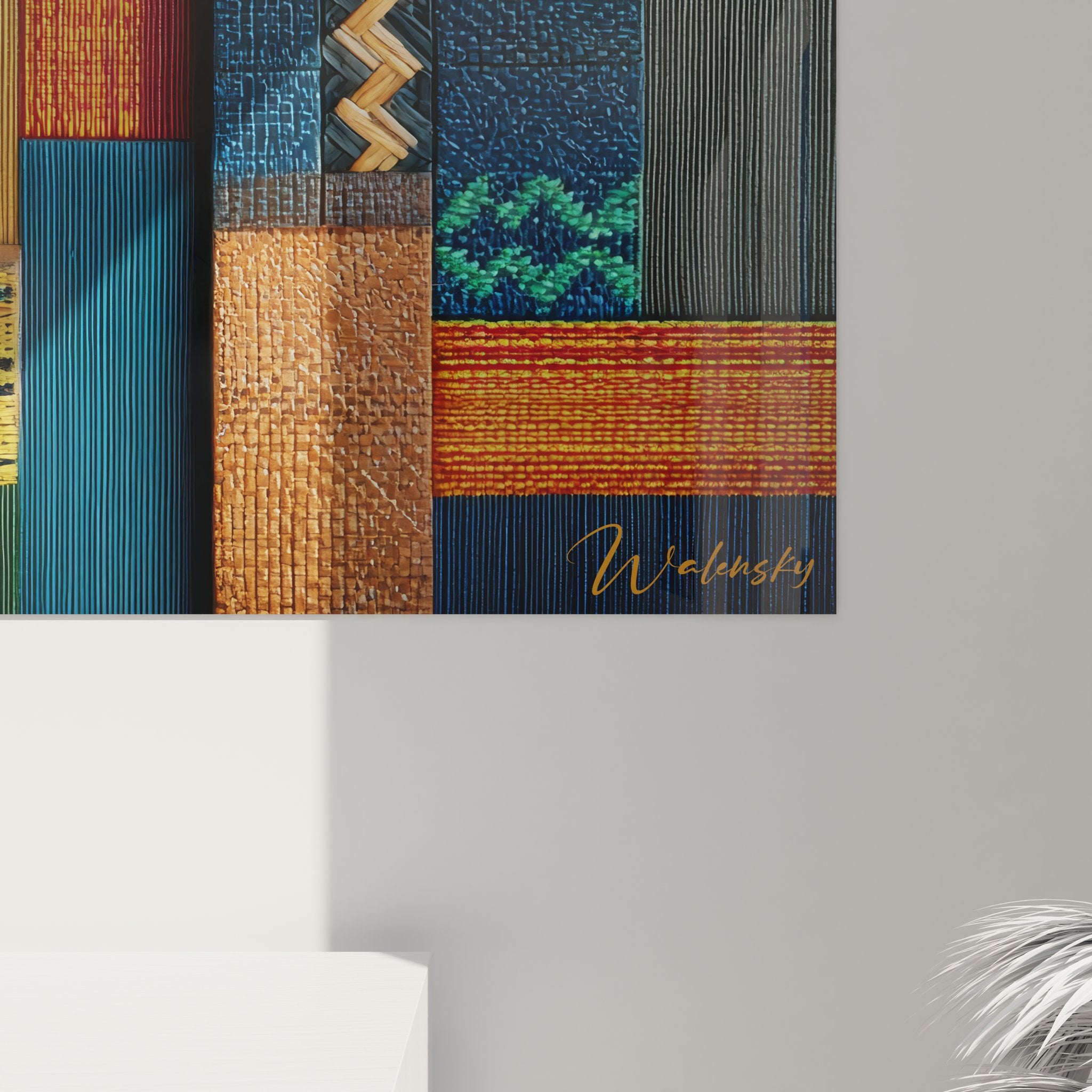 Vue d'ensemble du tableau mosaïque textile africain montrant l'assemblage complet des tissus colorés