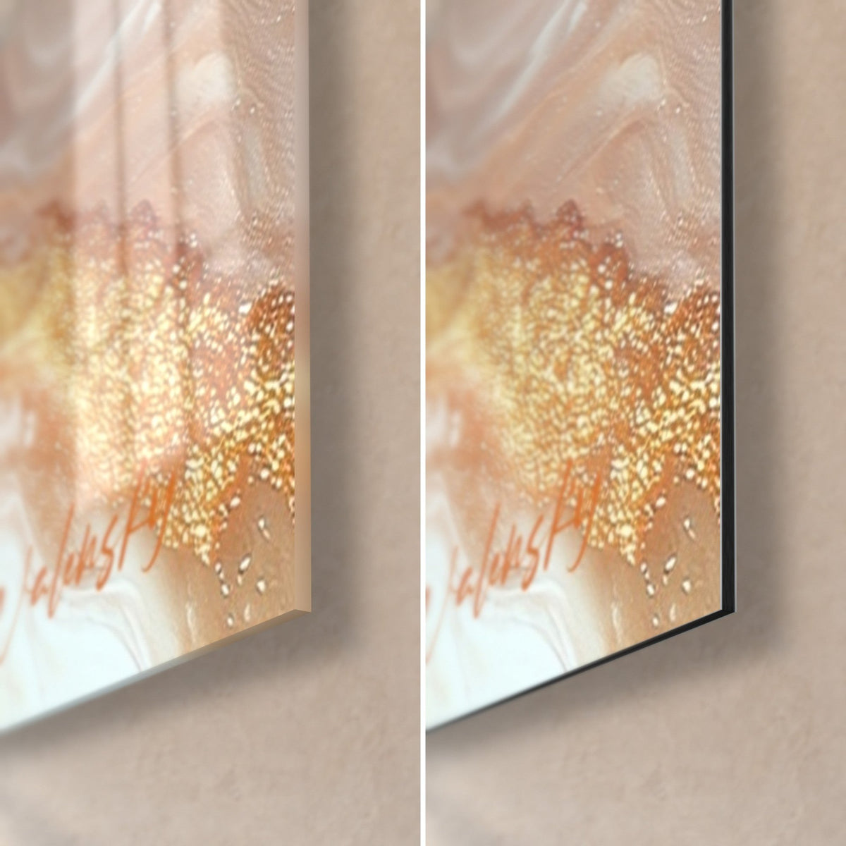 Schilderij fluid art in roest en goud, rechter onderhoek: glanzend acrylglas links, mat Dibond aluminium rechts, rand van 3 mm