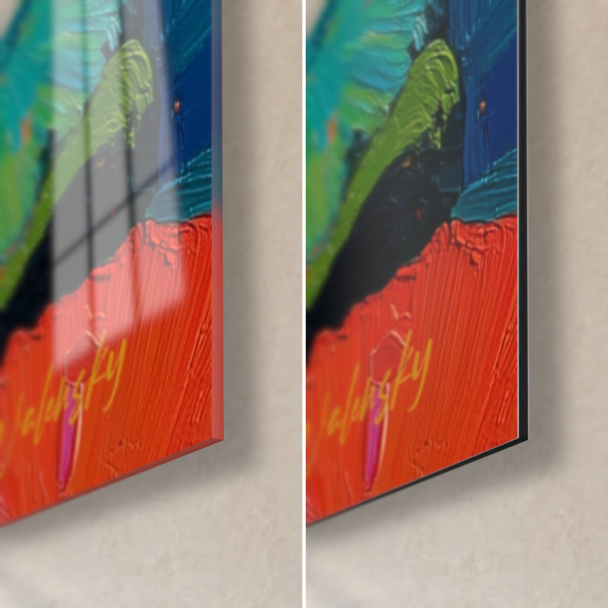 Gemälde Seerosen in dicker Pastenmalerei, unten rechts leuchtendes Orange und Blau, glänzendes Acrylglas links, matt Dibond rechts, 3 mm Stärke