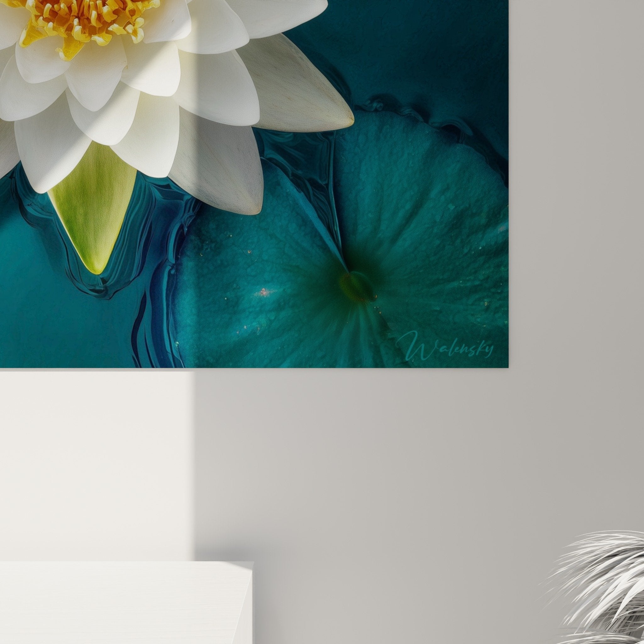 Overview of white turquoise water lily wall art in contemporary interior, refined zen decorative effect