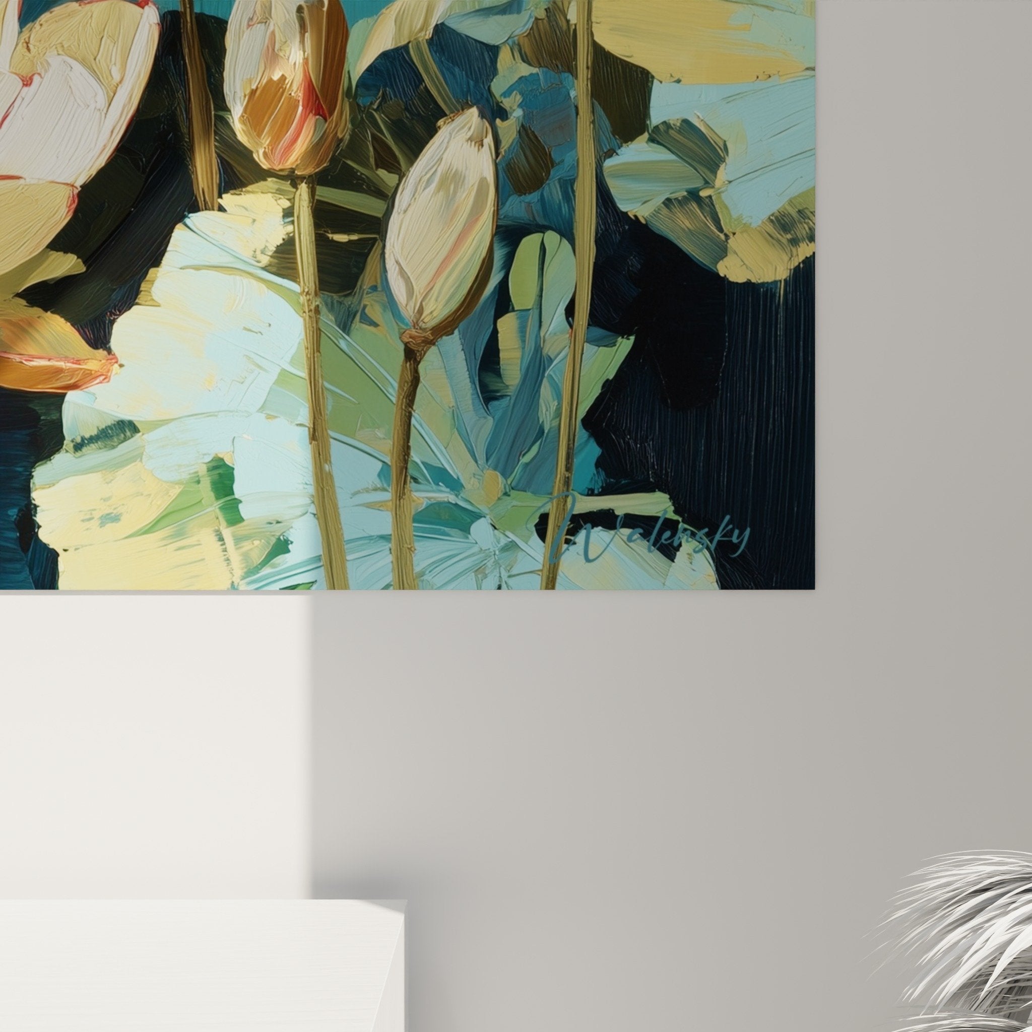 Vue d'ensemble tableau nénuphares colorés, œuvre florale tons turquoise blanc et doré