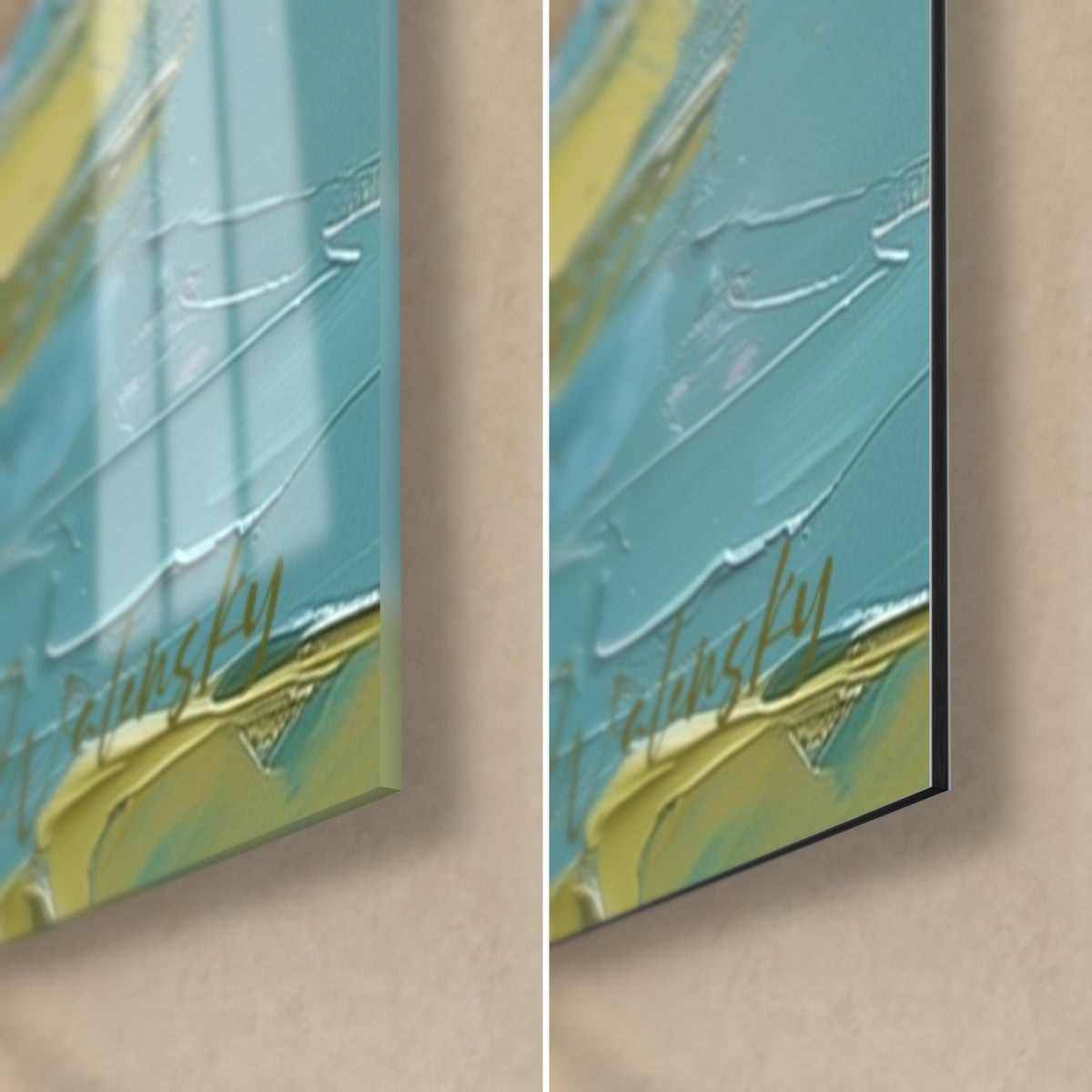 Wall art of pink water lilies on turquoise water, bottom right corner, reflections on glossy glass, matte black Dibond aluminium, gold signature