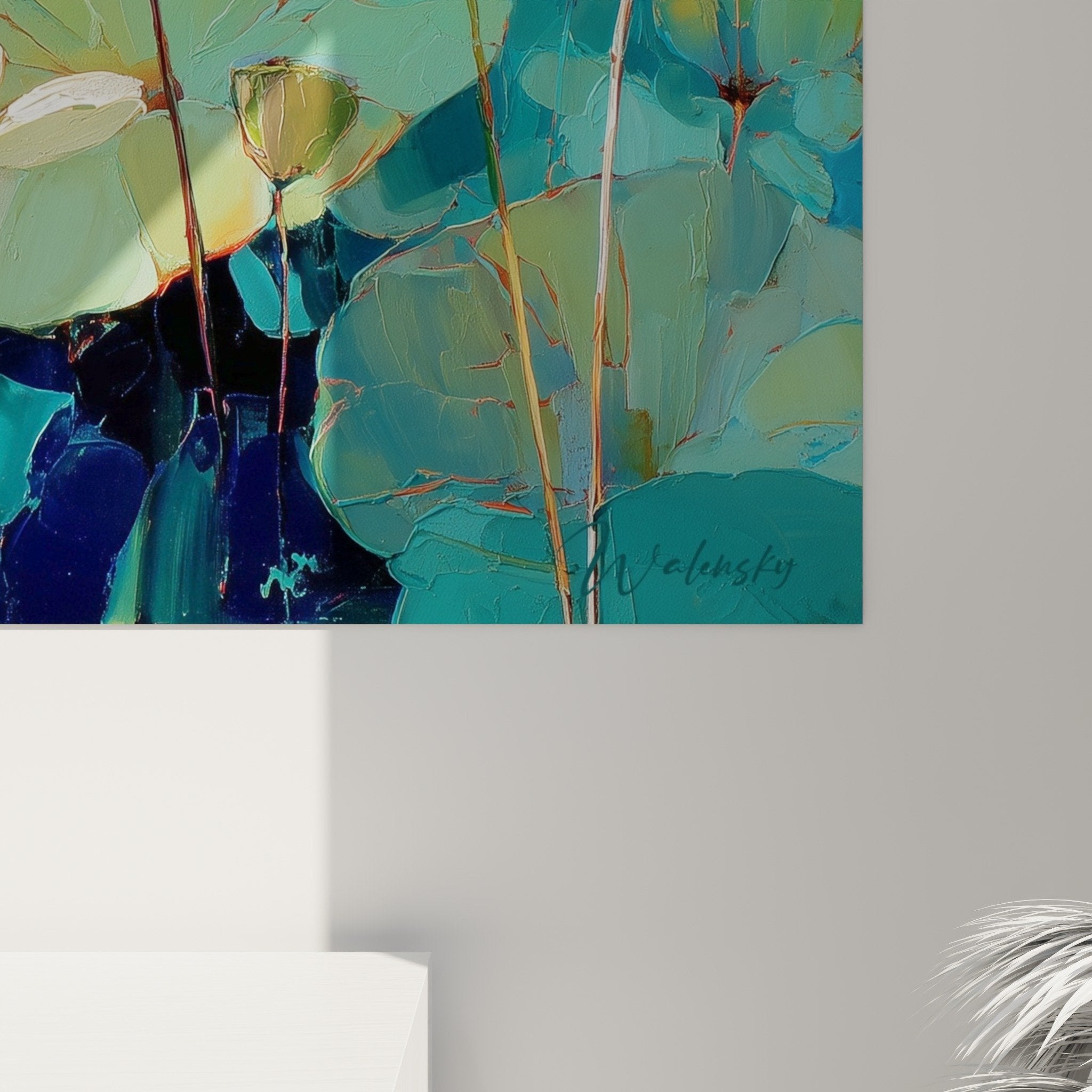Vue ensemble tableau nénuphars jardin aquatique, composition florale turquoise et blanc, art décoratif