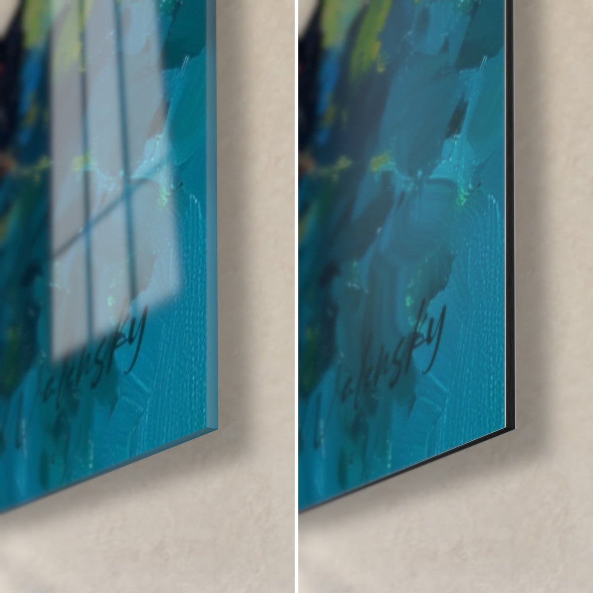 Wall art water lilies on a turquoise background, bottom right corner: glossy glass with reflections on the left, matte black Dibond on the right, 3 mm edge