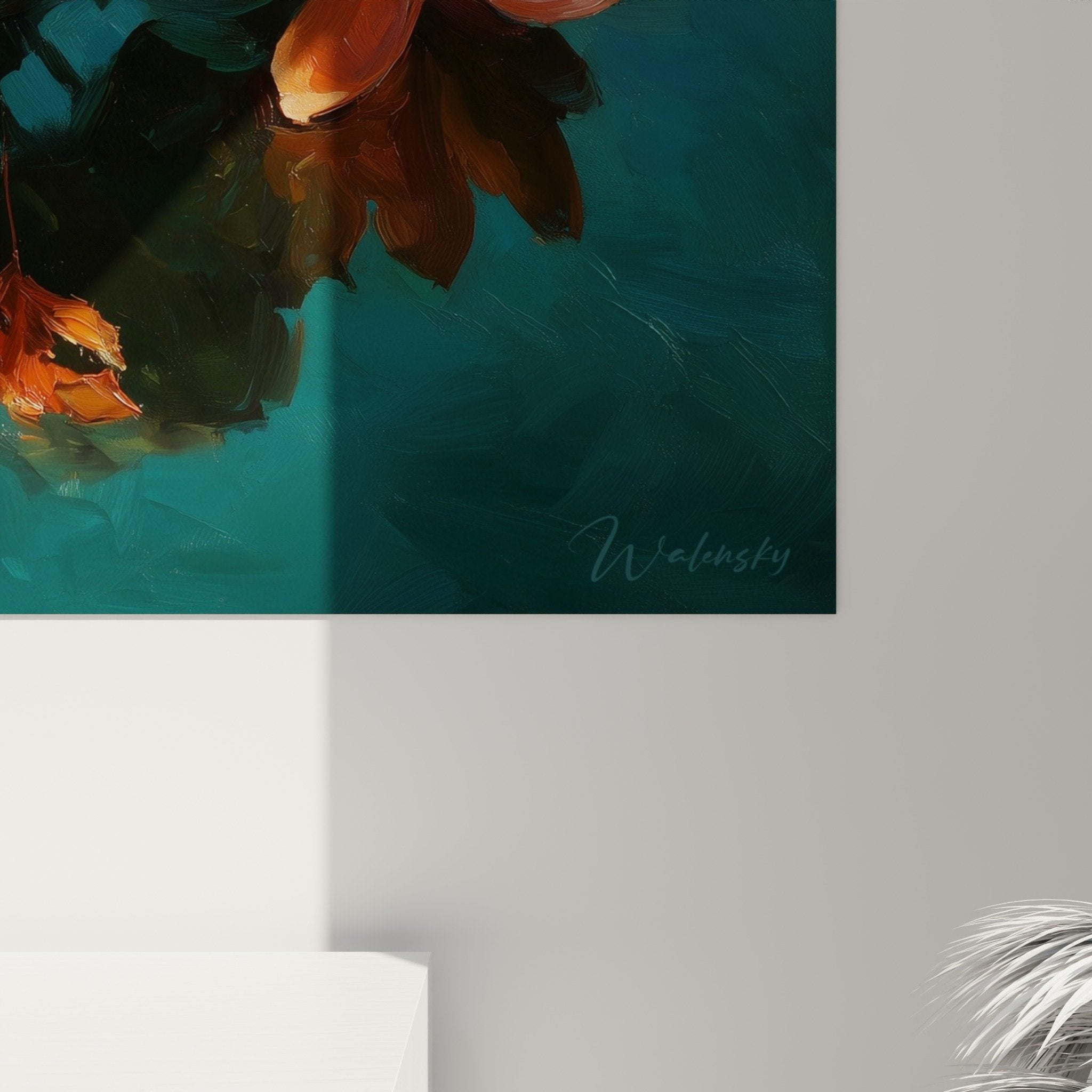 Vue d'ensemble œuvre nénuphars eau turquoise salon moderne décoration murale élégante