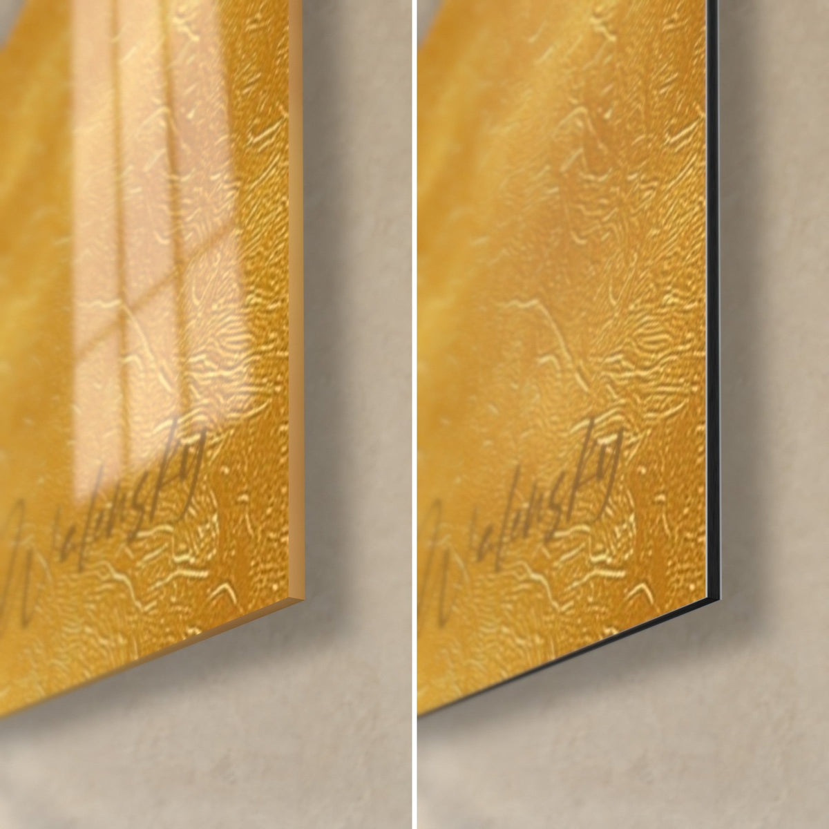 Cuadro avestruz dorado, esquina inferior derecha: vidrio acrílico brillante que refleja la ventana, Dibond negro mate, canto de 3 mm