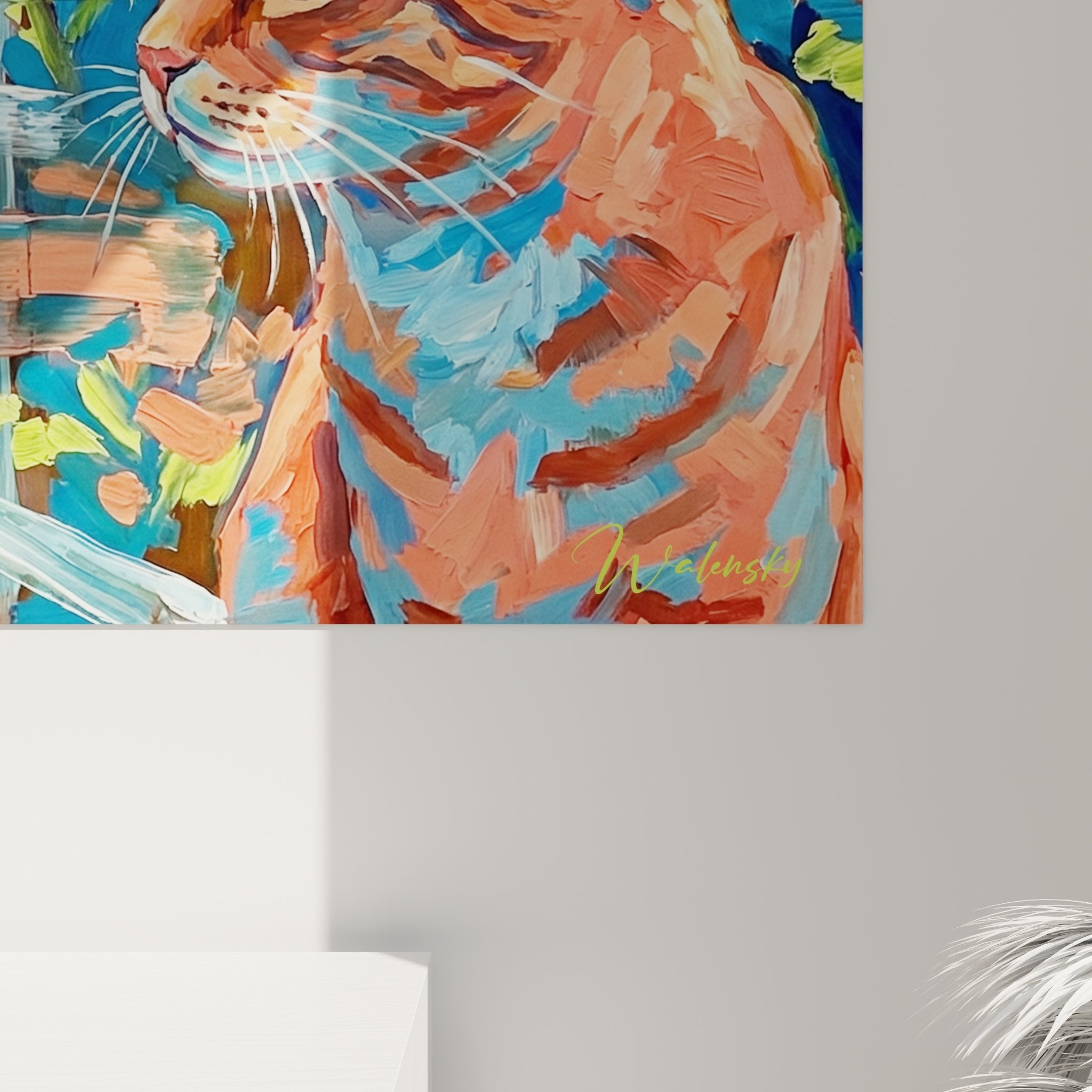 Panoramica opera animalista Basenji gatto complicità finestra tavolozza cromatica vibrante decorazione murale
