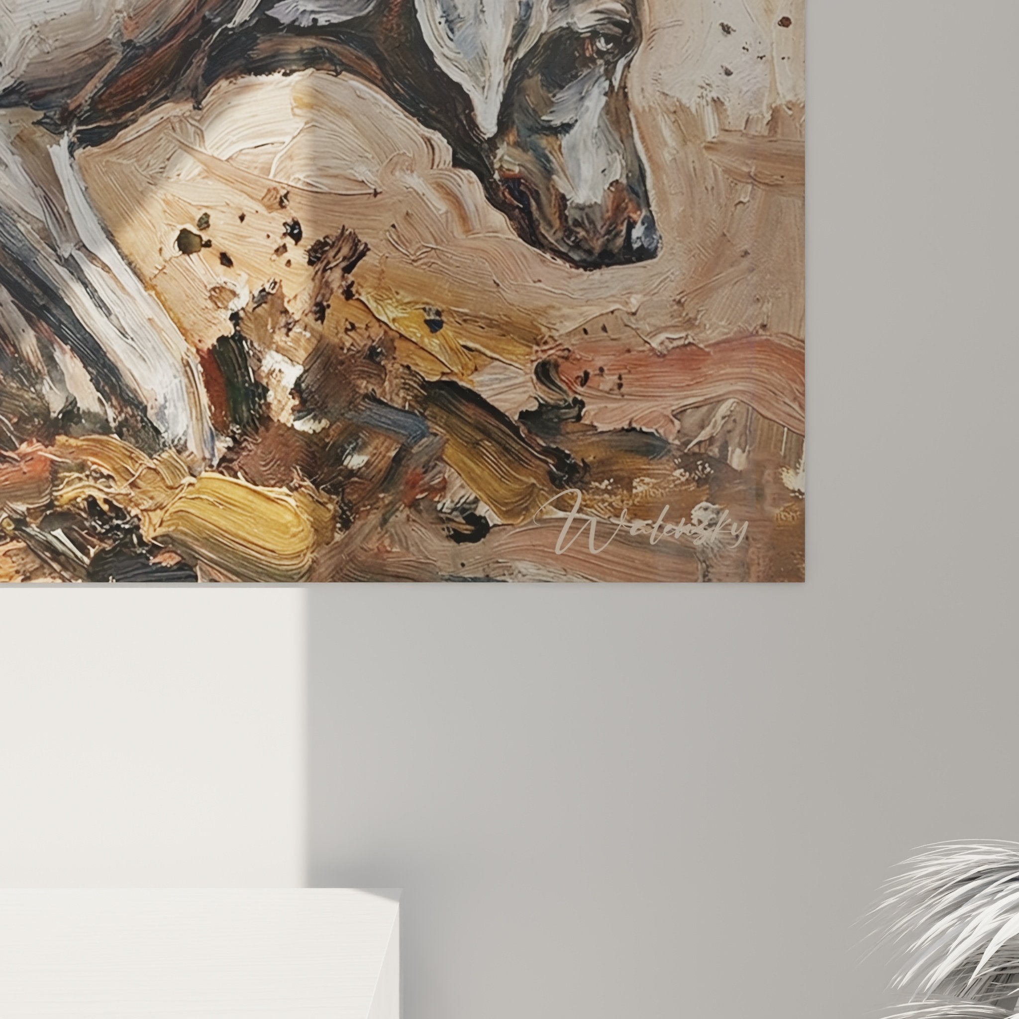 Vue d'ensemble œuvre canine Braque de Weimar, composition artistique aux nuances terreuses