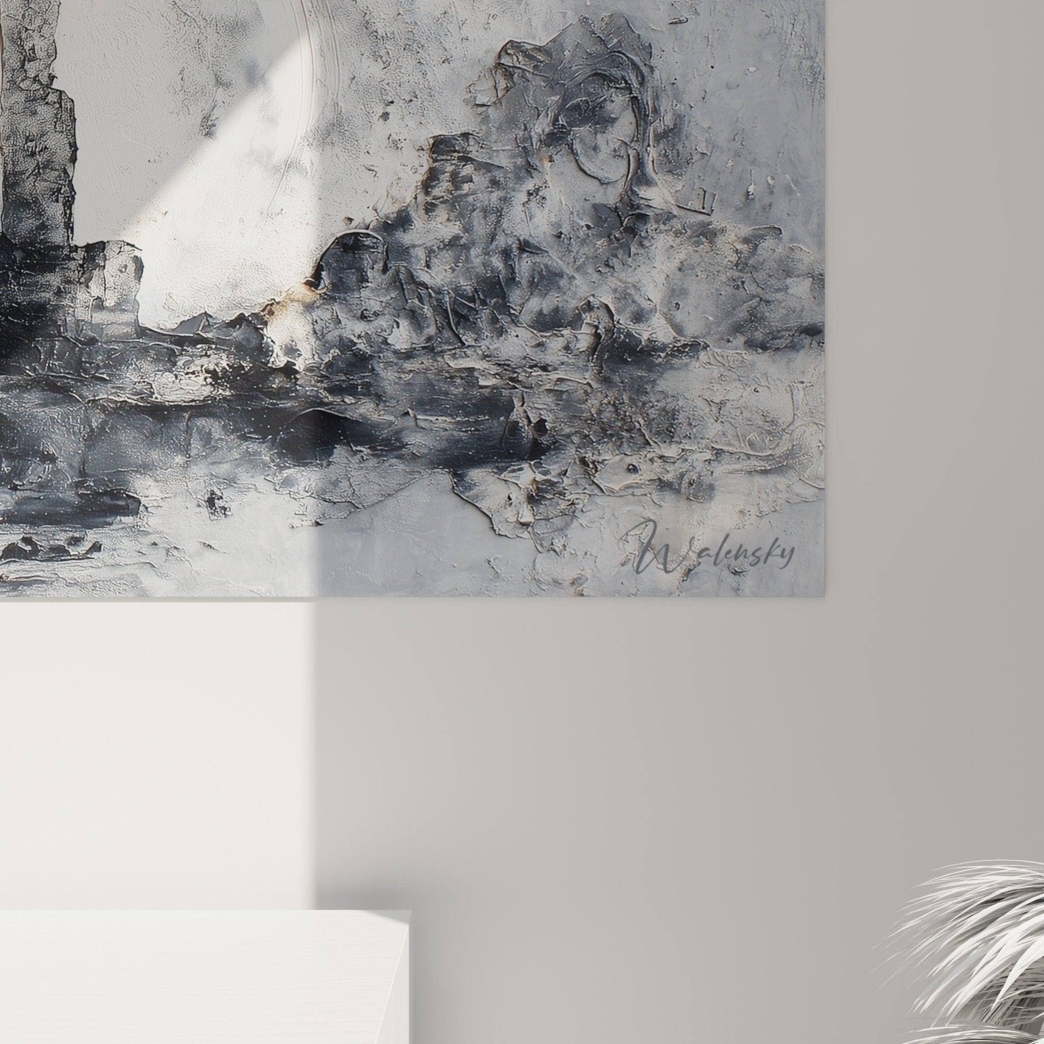 Overview abstract artwork gray white dark silhouette, feng shui northwest metal composition