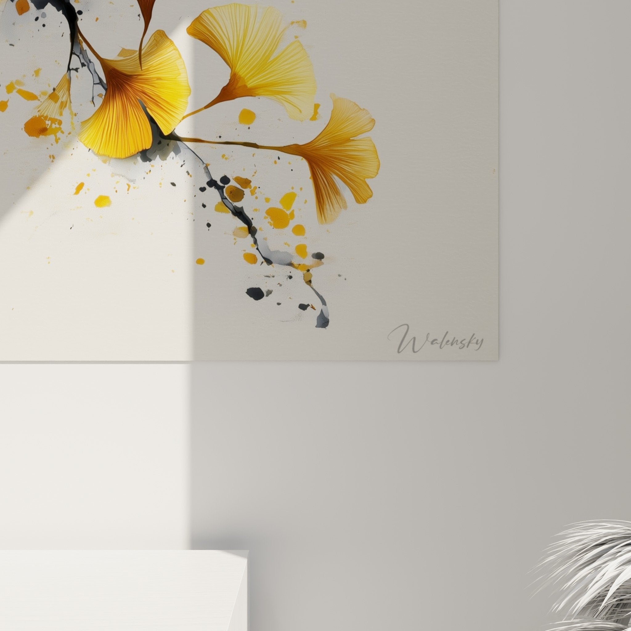 Vue d'ensemble œuvre murale Ginkgo moderne composition artistique branche noire or