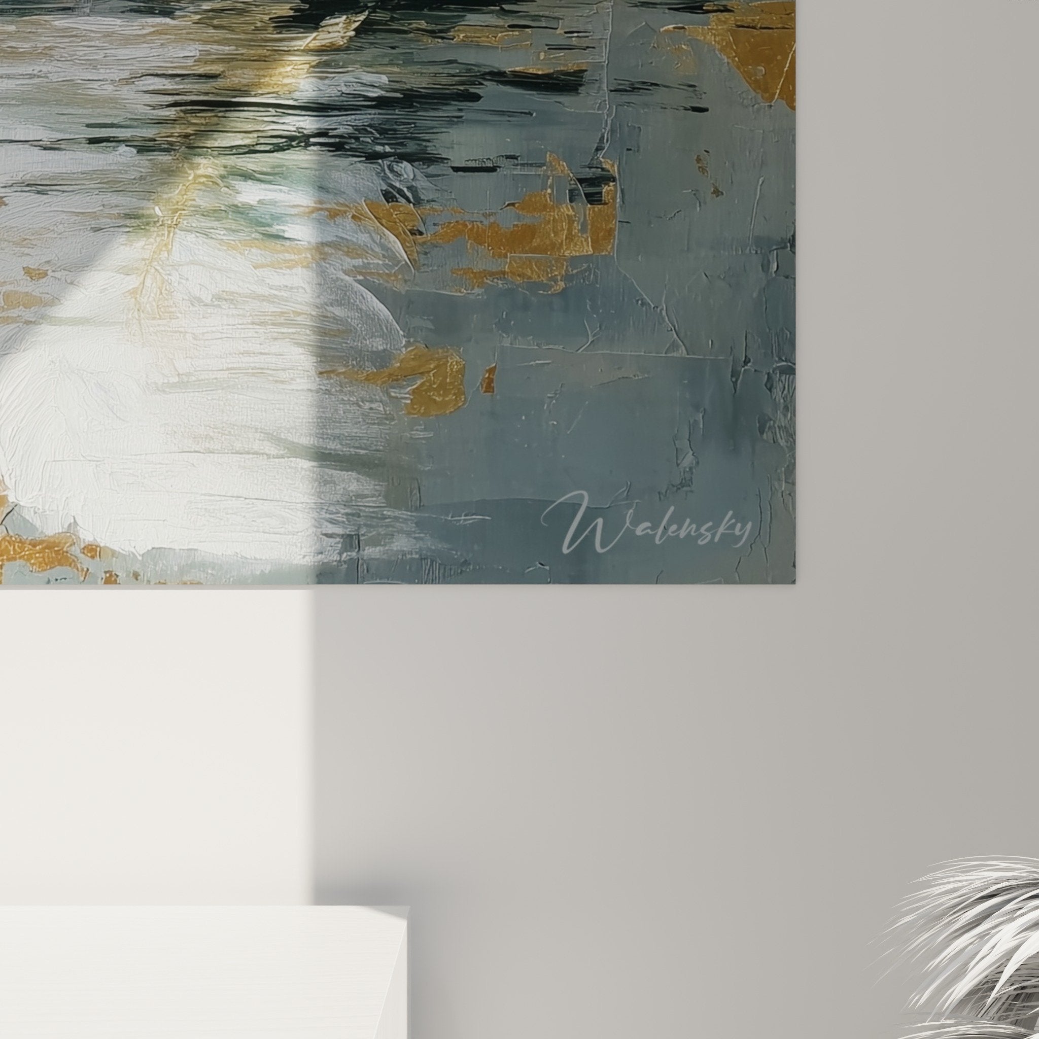Overview of feather artwork on textured background showcasing contemporary artistic composition