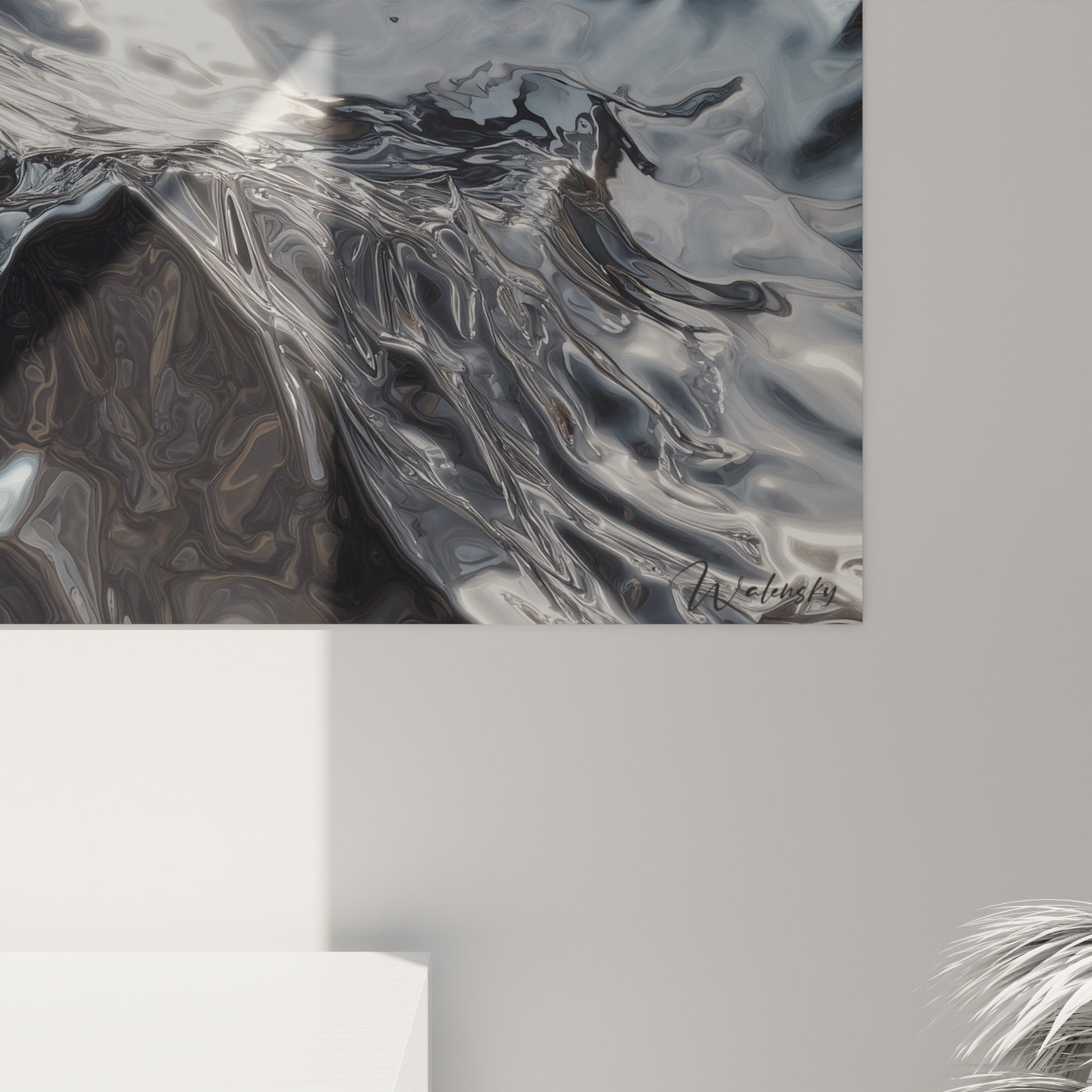 Gesamtansicht Gemälde metallische Wellen Silber Schwarz moderne Wanddekoration