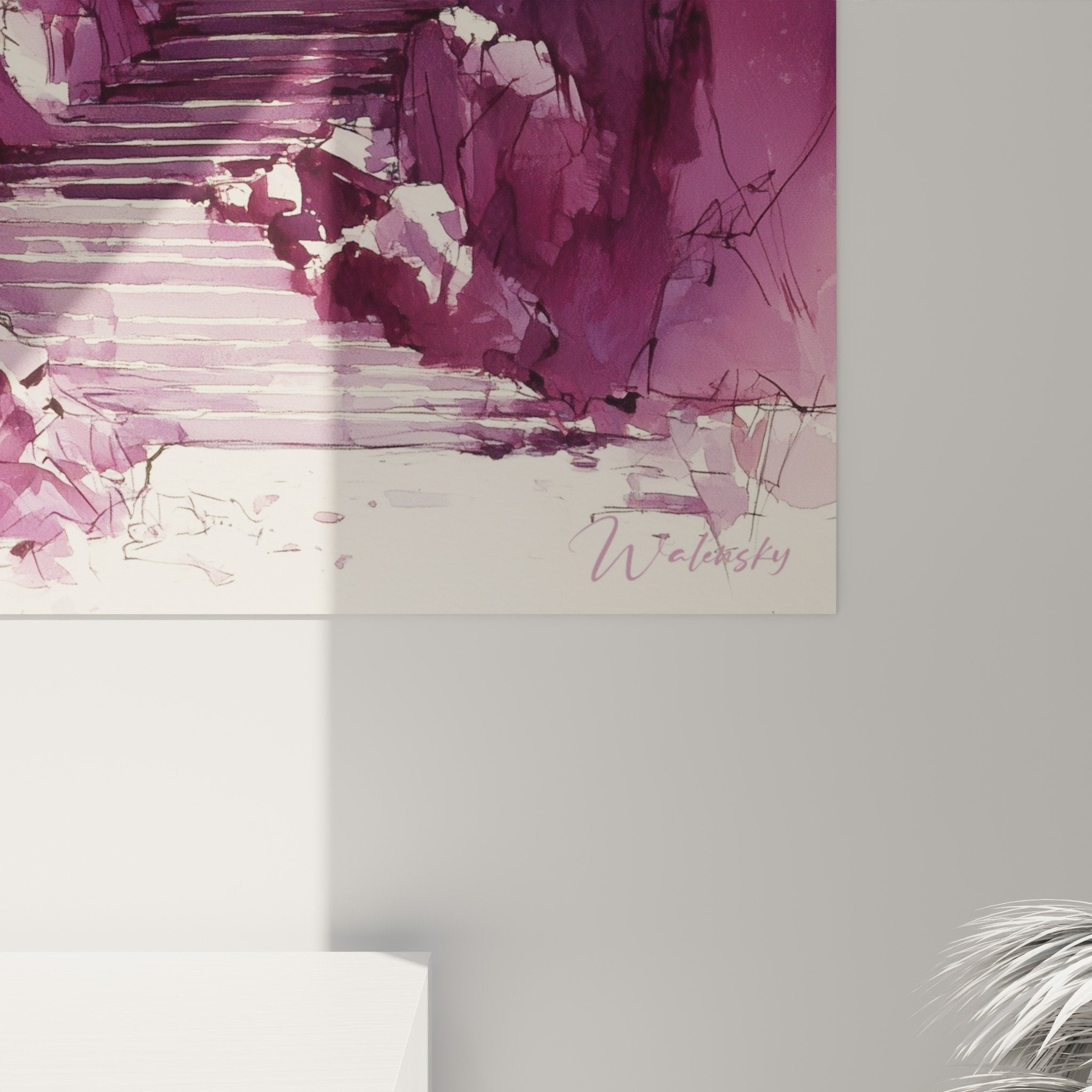 Vue d'ensemble tableau pagode orientale rouge sur fond montagneux rose avec escaliers et végétation fuchsia