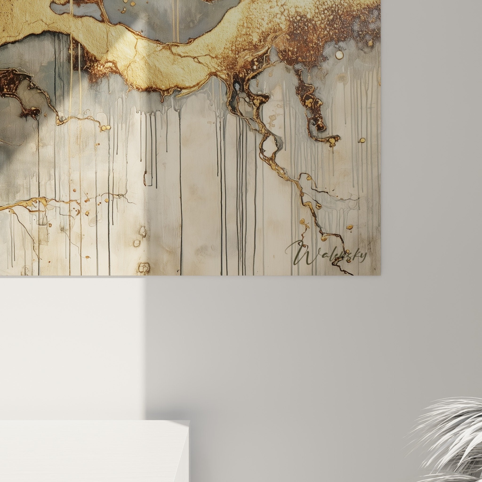 Overview panoramic abstract painting golden tones blue-grey feng shui northeast earth