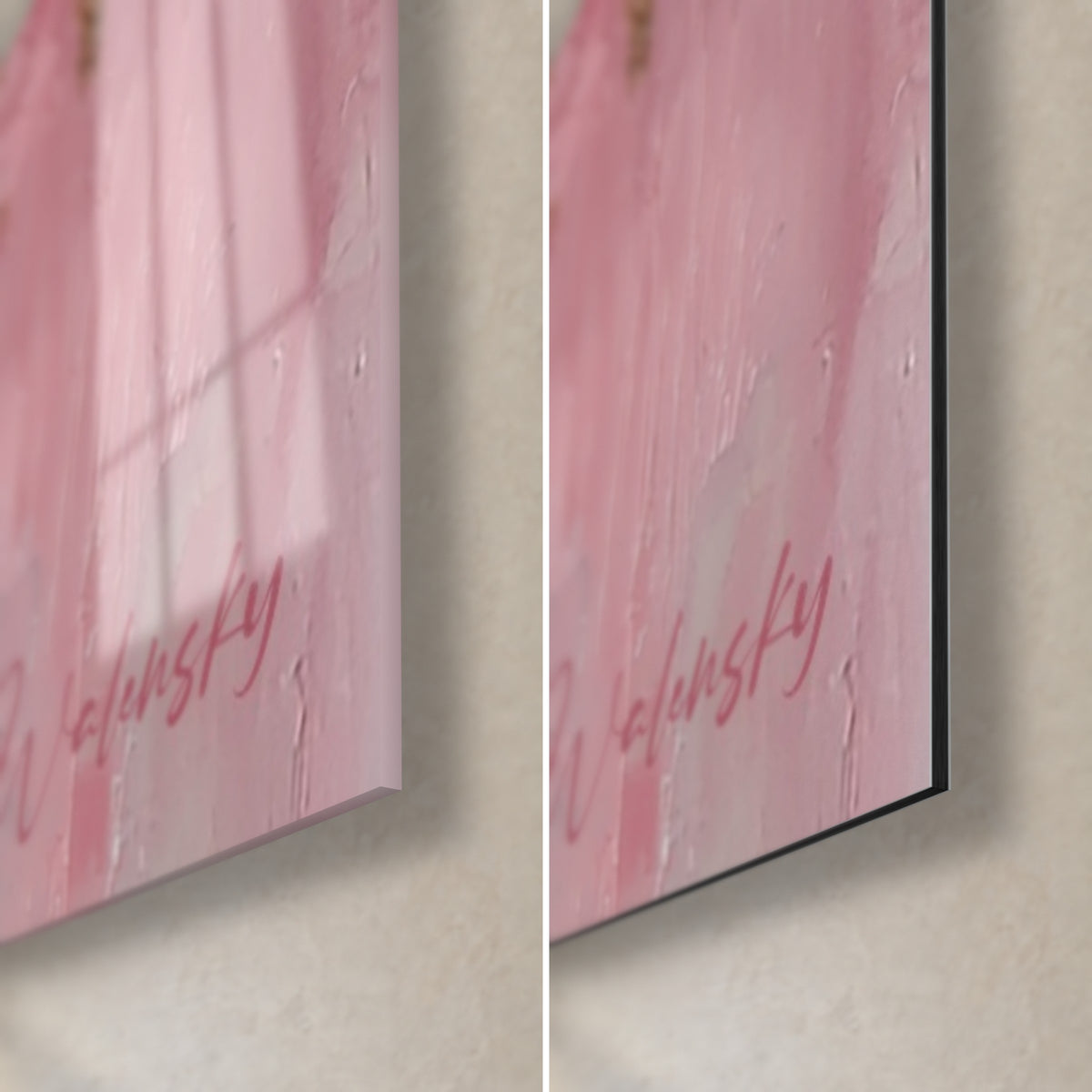Cuadro con pétalos rosa pálido en empaste, firma Walensky en cursiva, esquina inferior derecha de vidrio brillante y Dibond negro mate