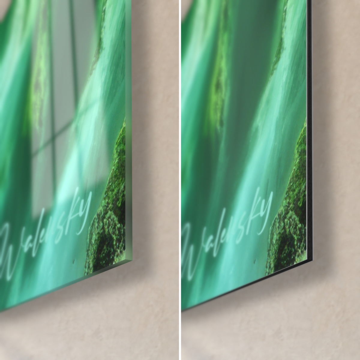 Schilderij vloeiende klif in smaragdgroen en paars, rechteronderhoek van glanzend reflecterend glas en mat Dibond, rand van 3 mm