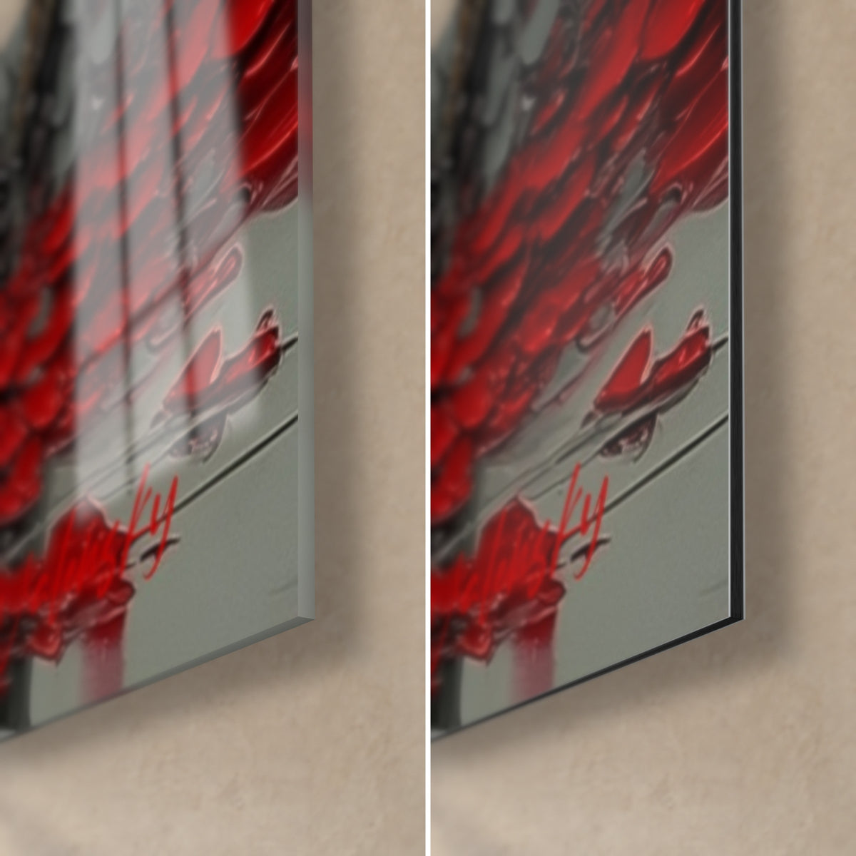 Cuadro pétalos rojos en relieve sobre fondo gris, esquina inferior derecha: cristal acrílico brillante a la izquierda, Dibond negro mate a la derecha