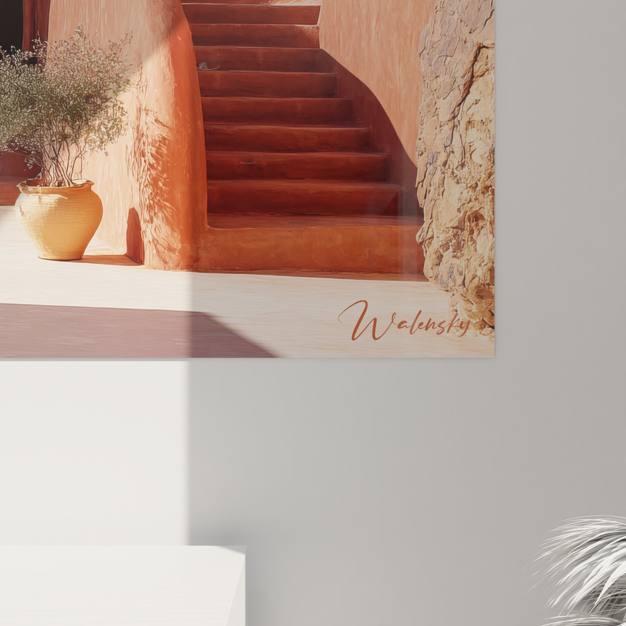 Vue ensemble tableau paysage désertique architecture vernaculaire moderne tons rouge brique