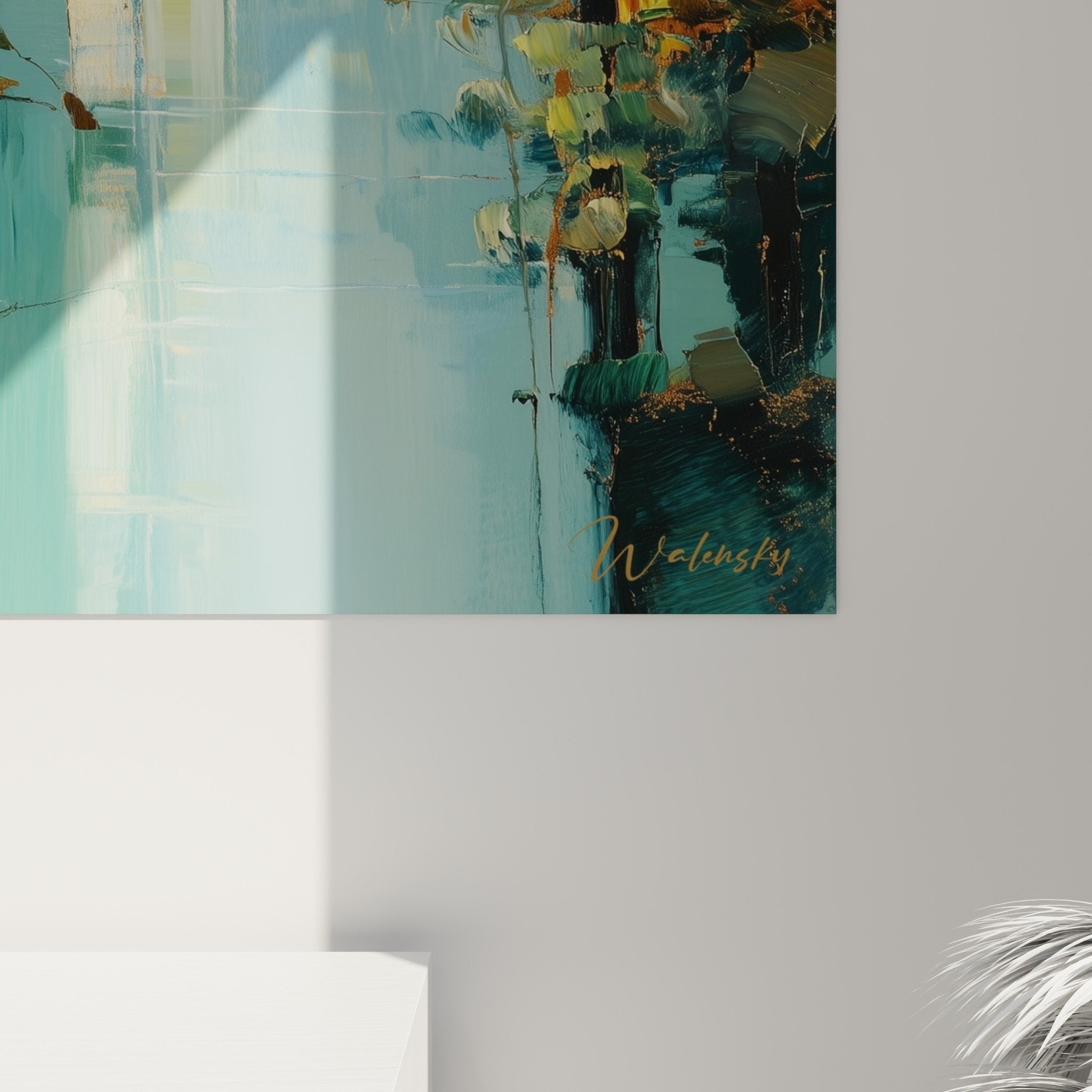 Vue ensemble tableau paysage lacustre tons turquoise decoration murale feng shui est bois