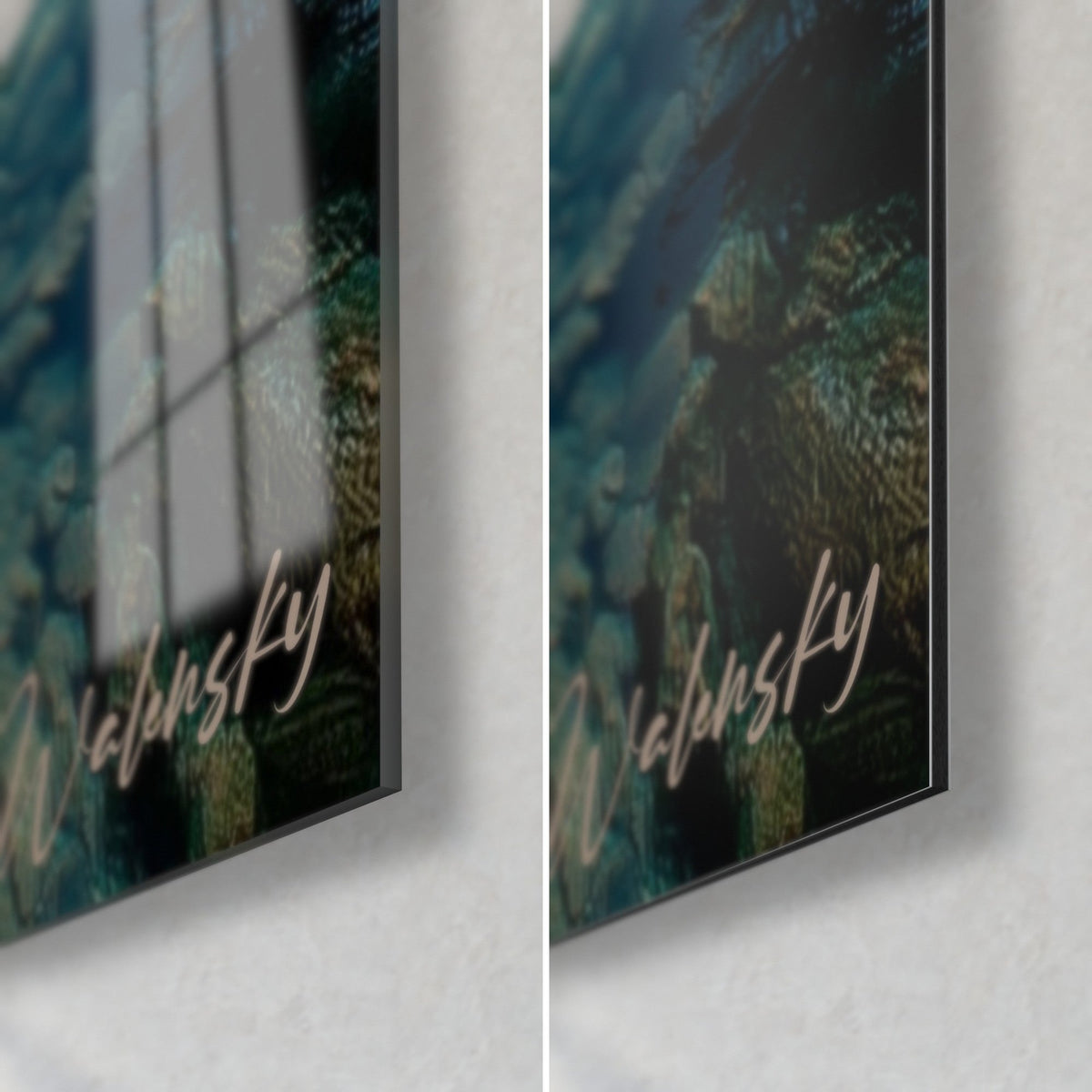 Tableau lac alpin turquoise et sapins verts, coin bas droit : verre acrylique brillant et alu Dibond mat, tranche de 3 mm