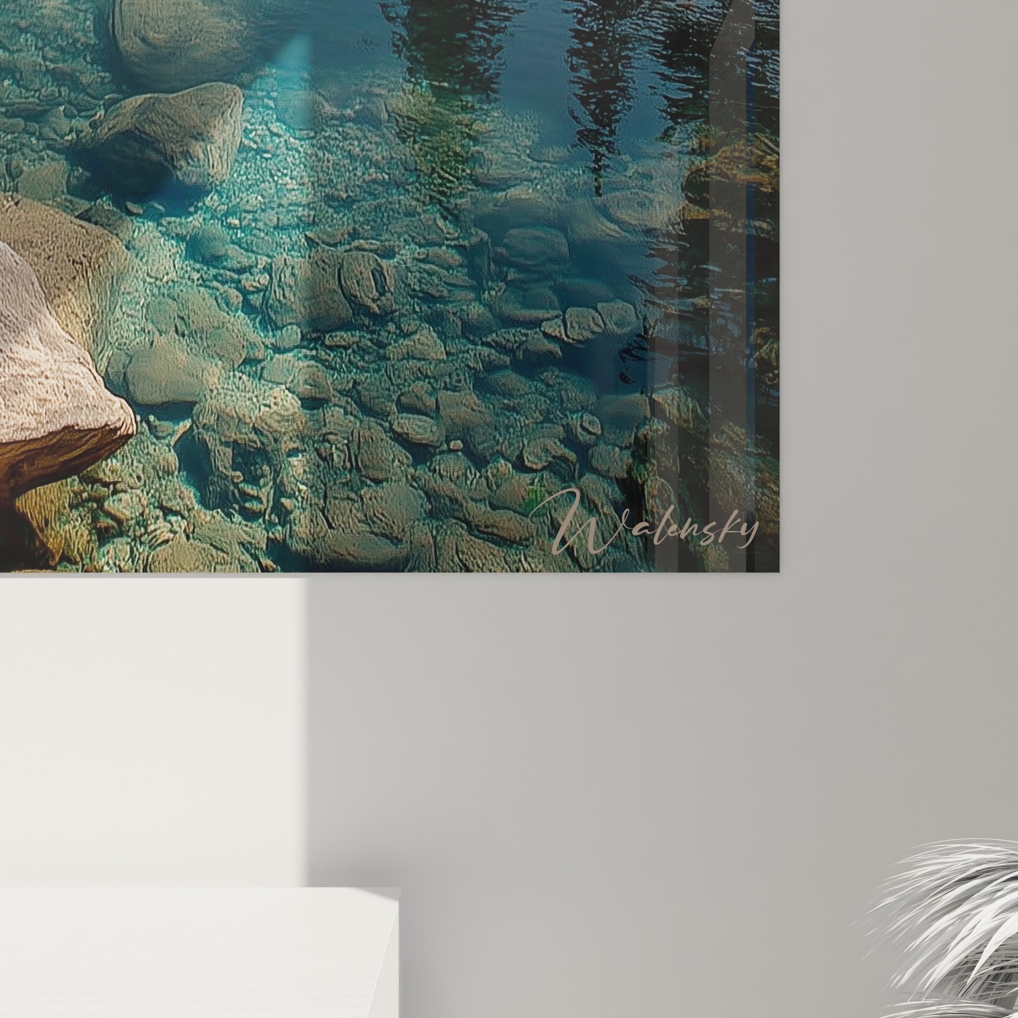 Vue d'ensemble tableau mural paysage montagnard avec rivière serpentant entre rochers sculptés