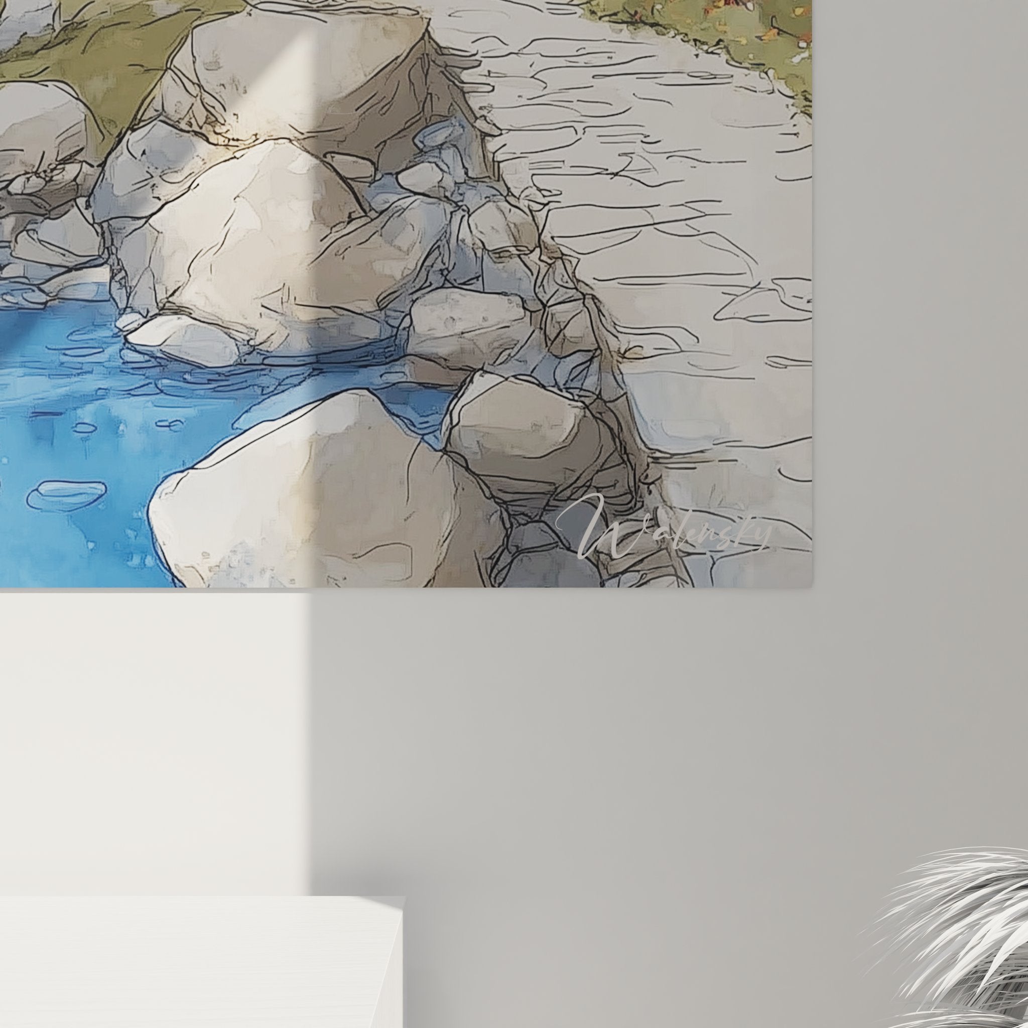 Vue ensemble tableau paysage montagnard, ruisseau serpentant vers sommets enneigés avec sapins majestueux