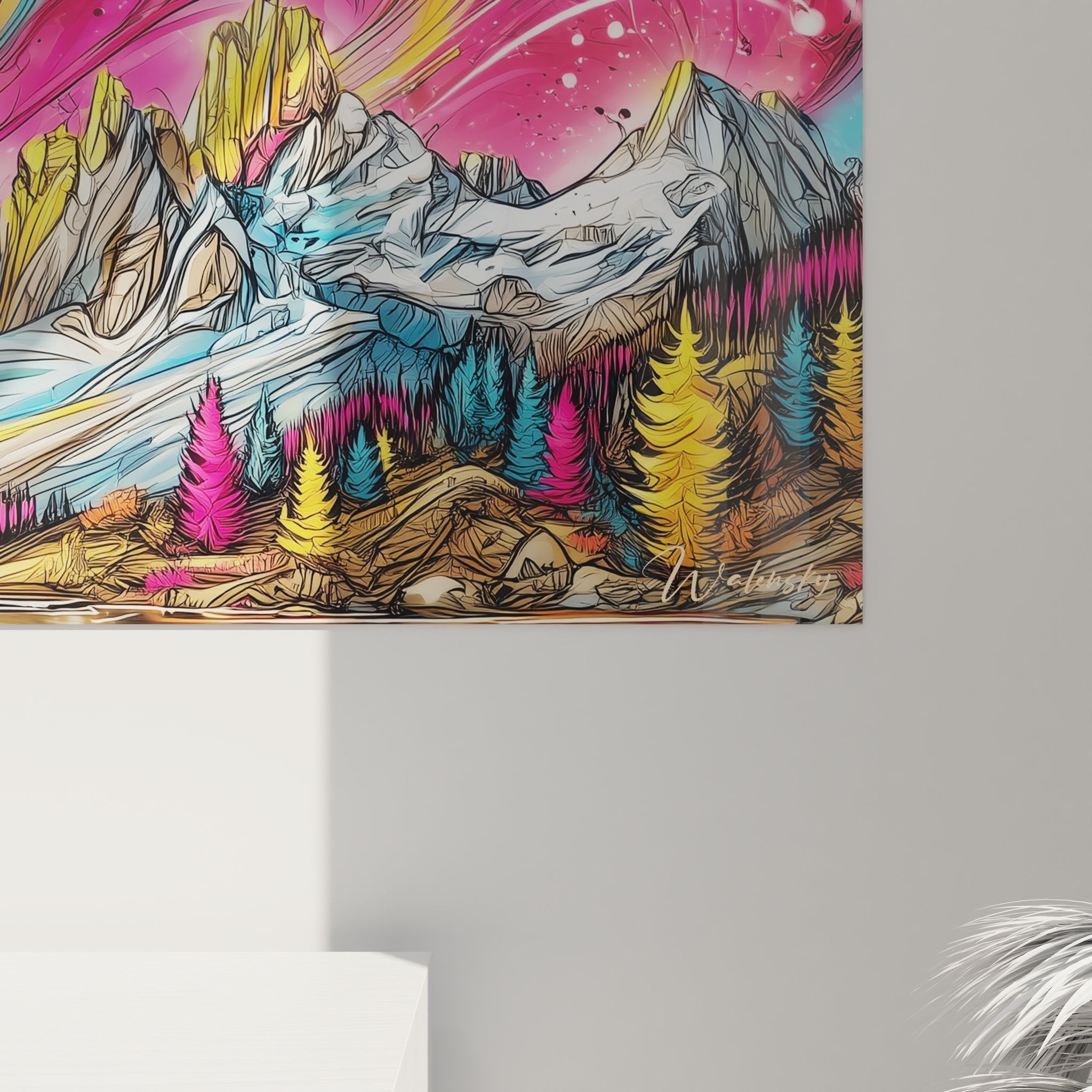 Gesamtansicht psychedelisches Berglandschaftsgemälde mit wirbelndem Himmel und goldenen Bergen