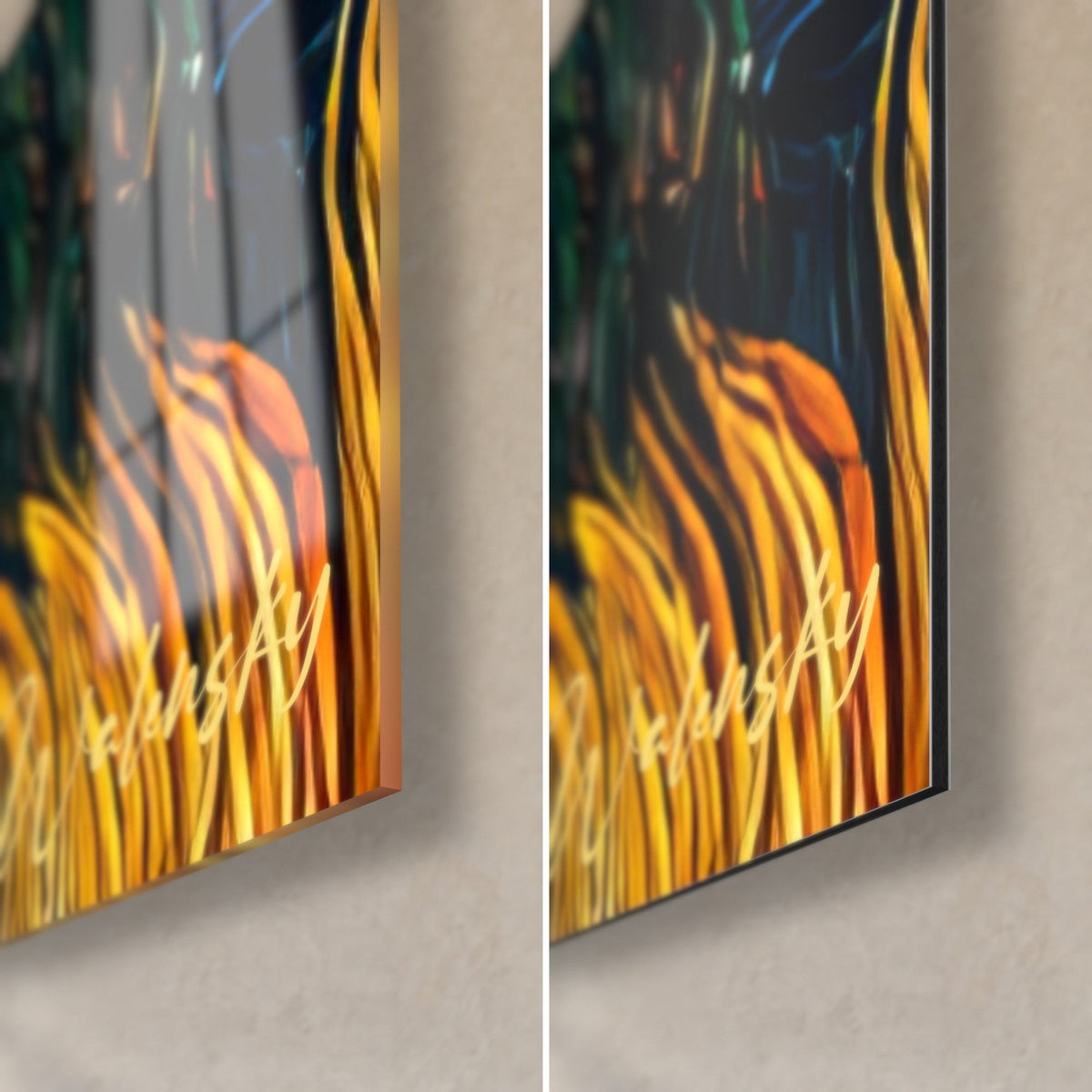Tableau cyprès vert profond, coin bas droit : herbes orange et or en verre brillant à gauche, Dibond mat à droite