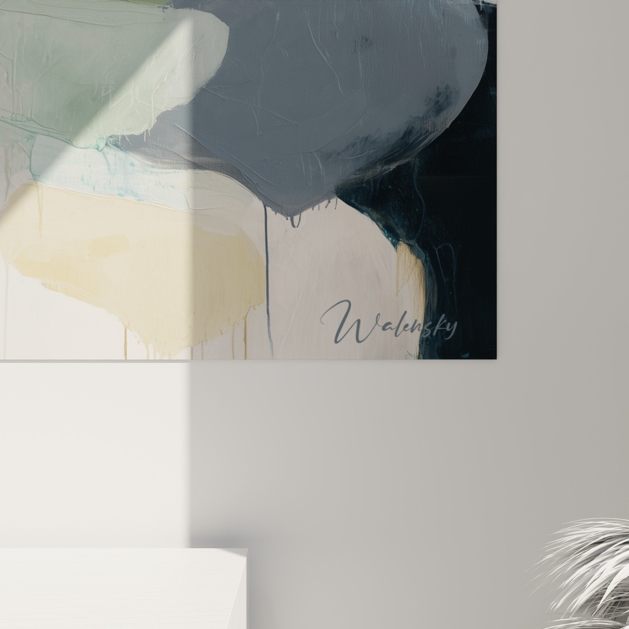 Vue ensemble tableau abstrait paysage organique vert ocre decoration murale feng shui est bois