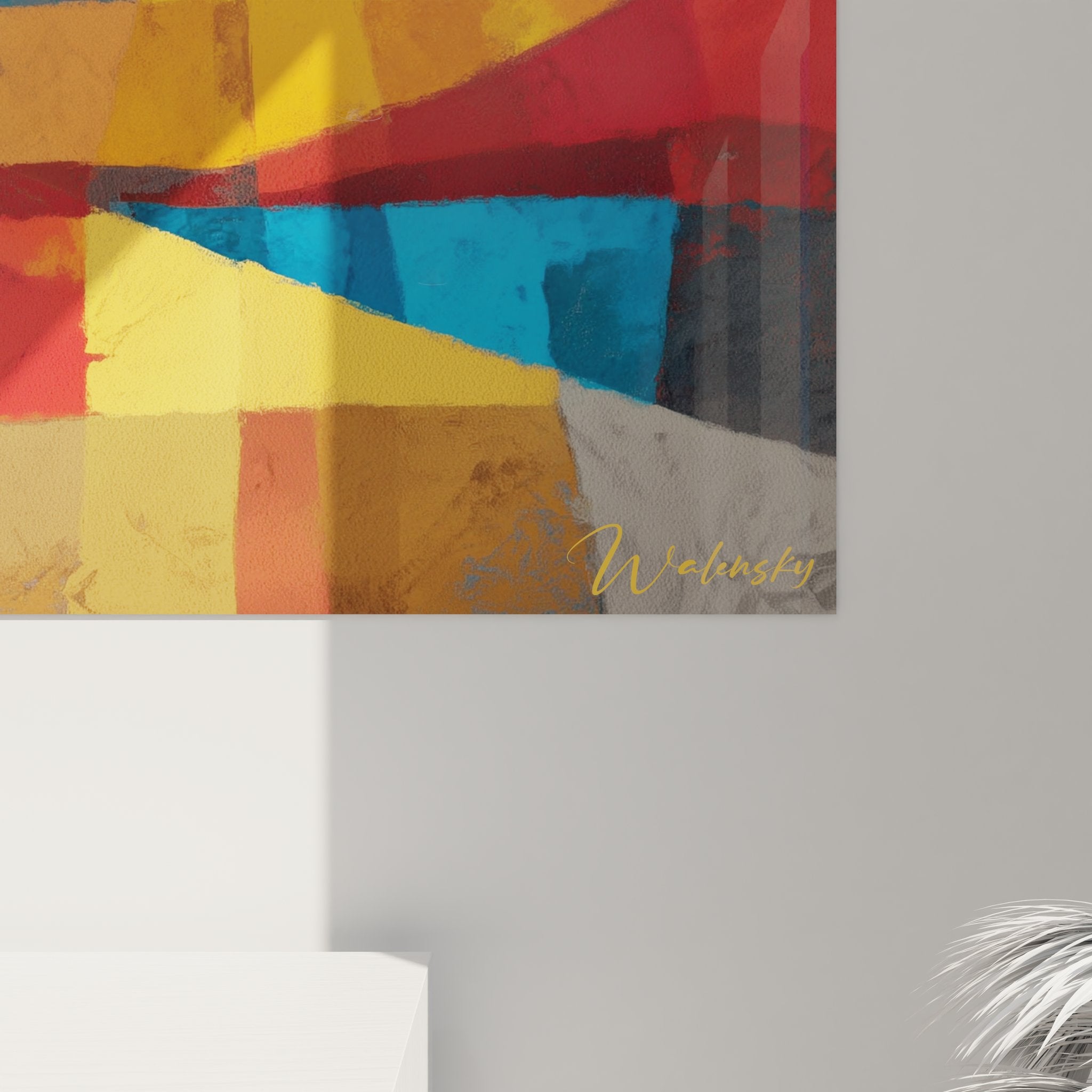 Vue d'ensemble tableau paysage tropical géométrique avec soleil, palmiers et voilier stylisés