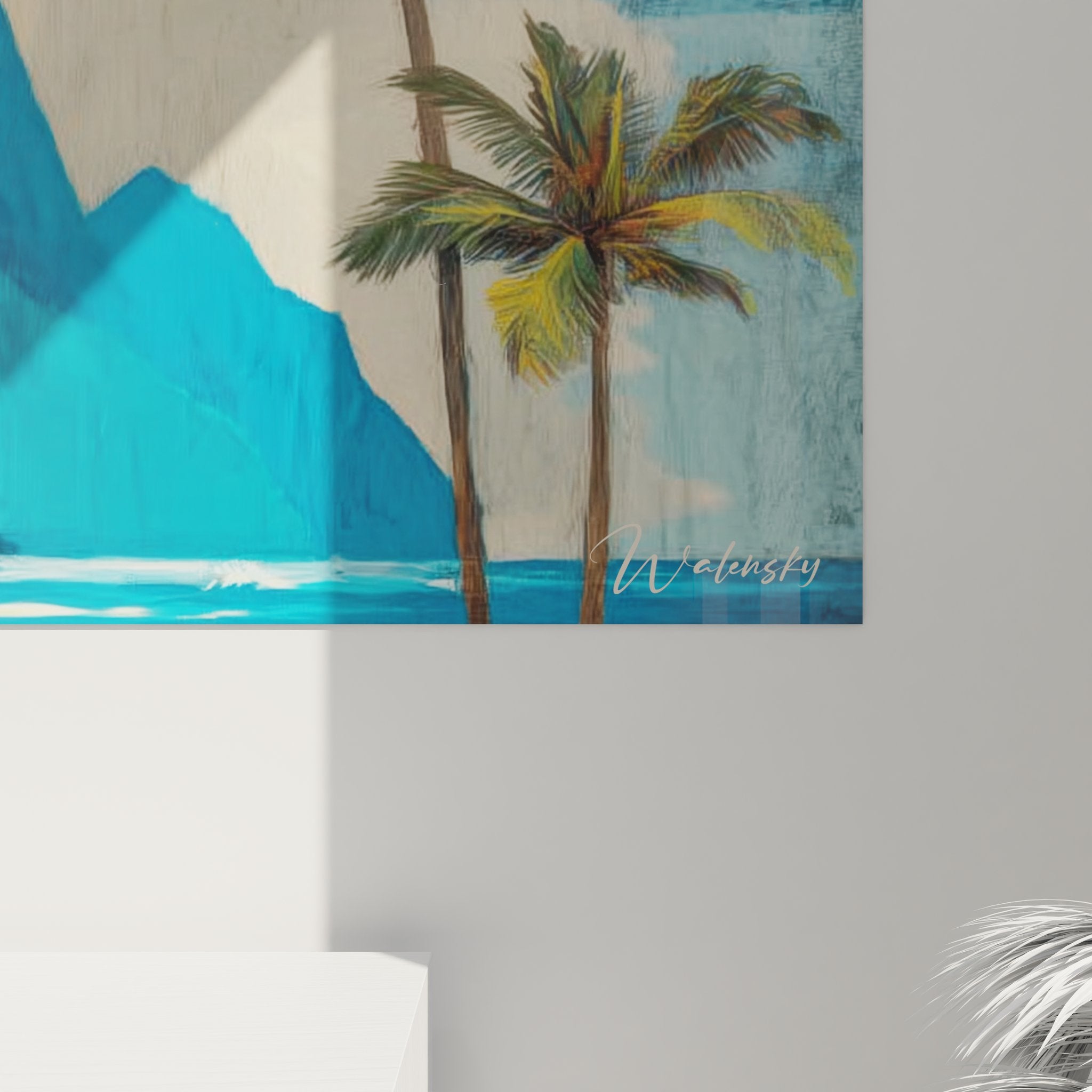 Vue d'ensemble tableau paysage tropical stylisé avec reliefs montagneux et végétation luxuriante