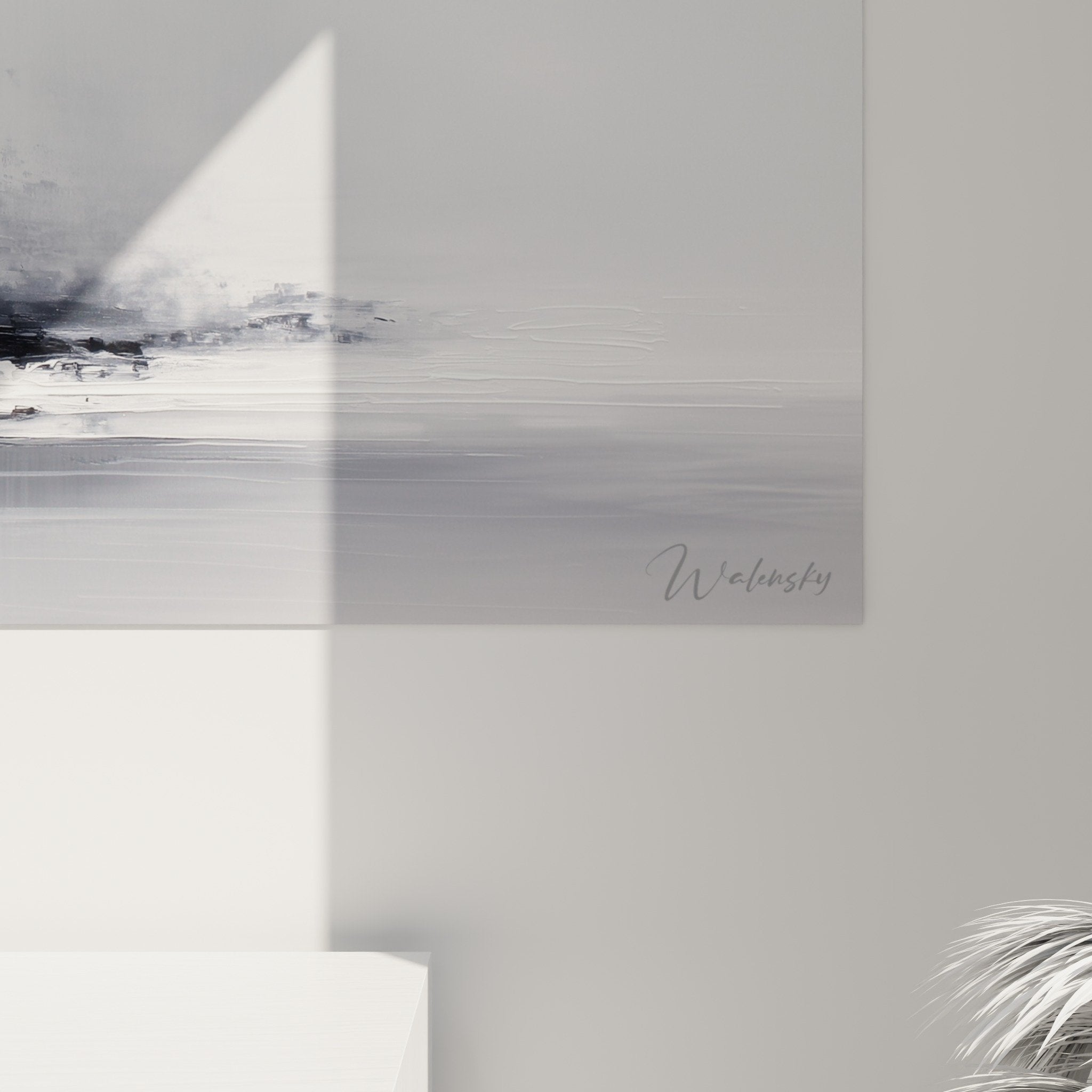Overview of misty gray urban landscape painting, horizontal composition with reflections and blurred structures