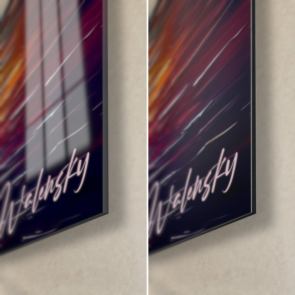 Schilderij van een geschilderde waterval, rechteronderhoek: roze Walensky-signatuur, glanzend acrylglas links, mat Dibond aluminium rechts