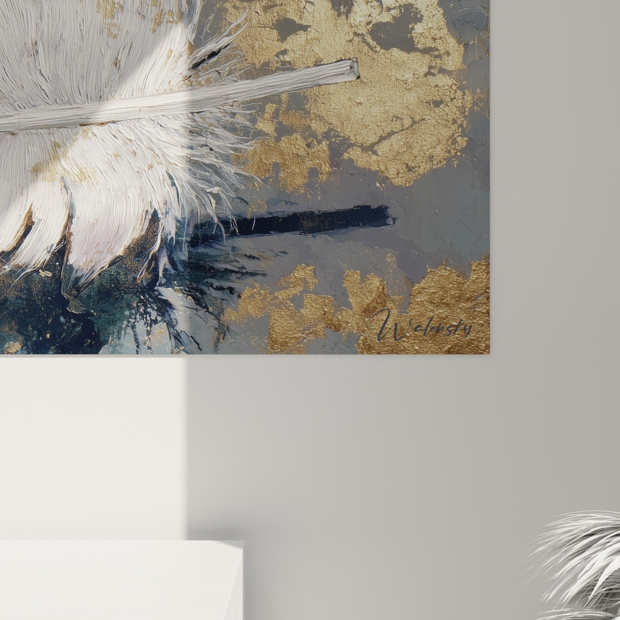 Overview of feather artwork on blue-gray background, minimalist and poetic artistic composition Plume Edition