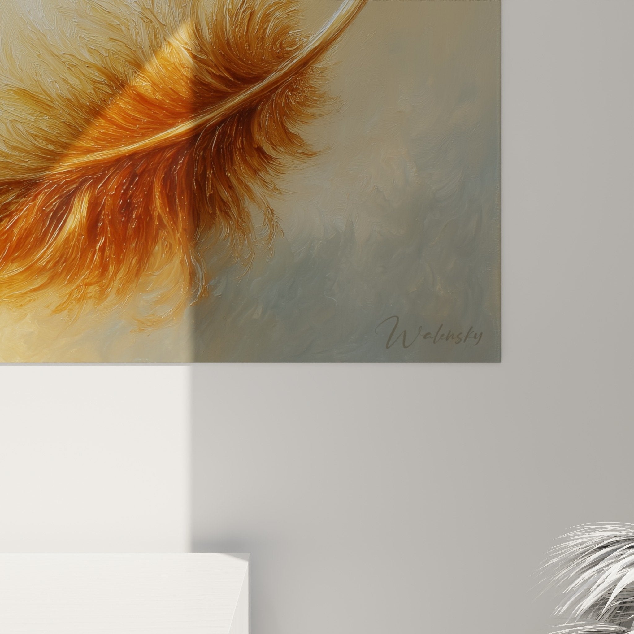 overall view suspended feather artwork on beige toned background elegant minimalist composition