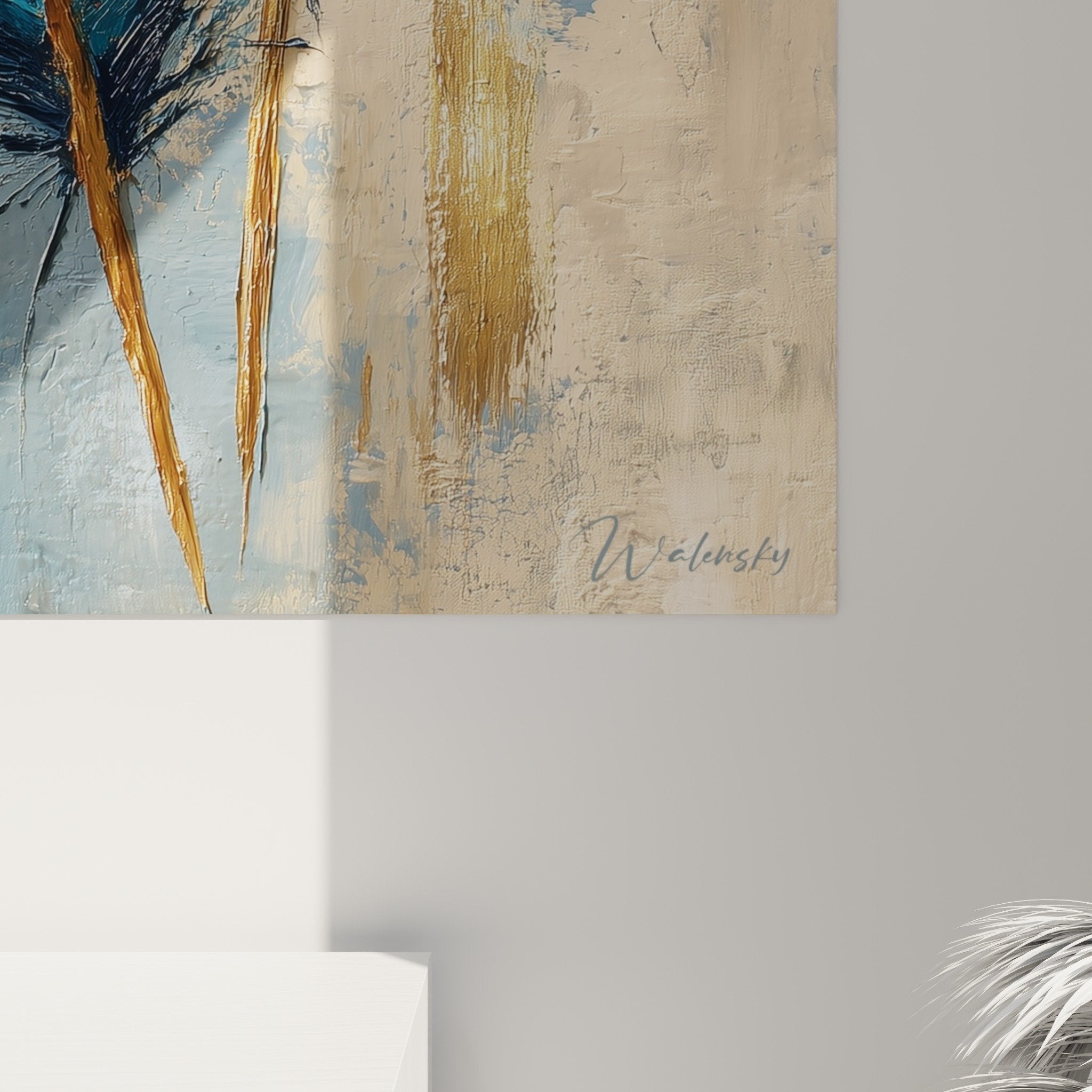 Overview blue and gold feathers wall art elegant mural decoration contemporary natural style