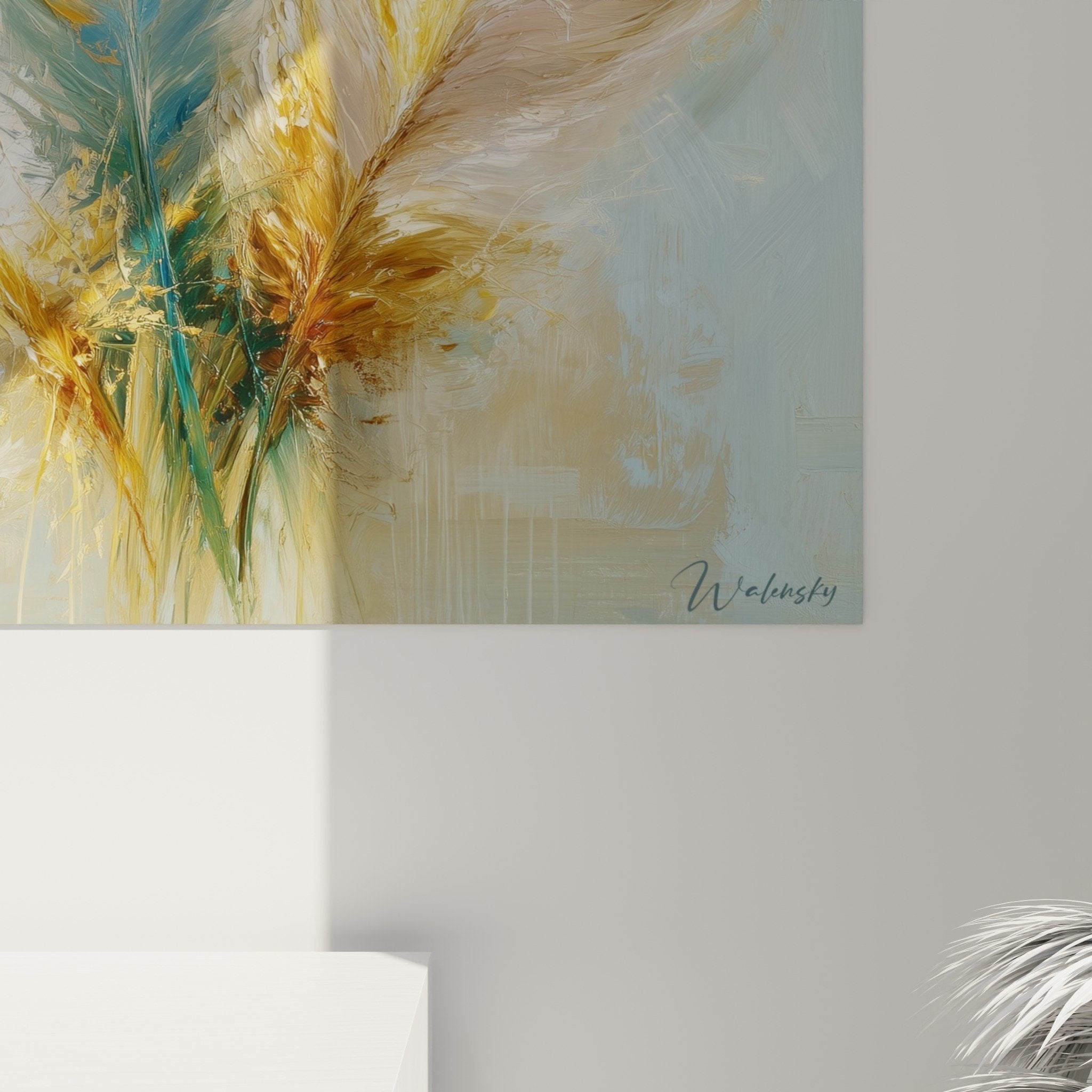 Vue ensemble tableau plumes colorees decoration interieur contemporain salon elegant