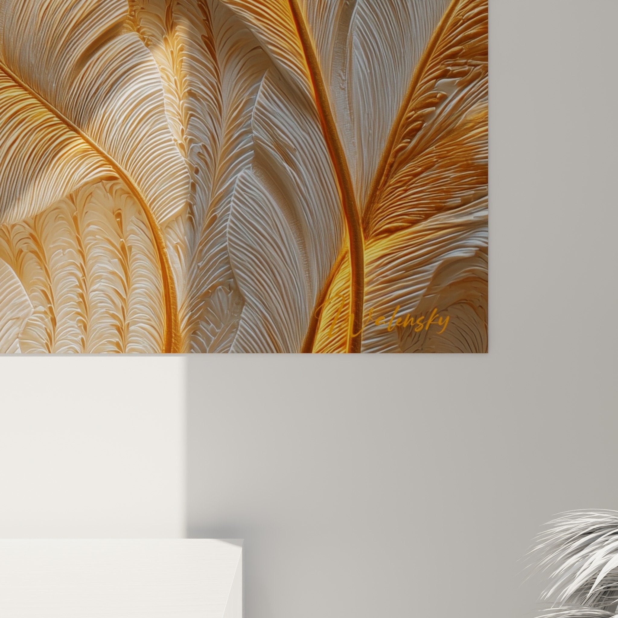 Set view golden feathers artwork luxurious ambiance elegant interior decoration