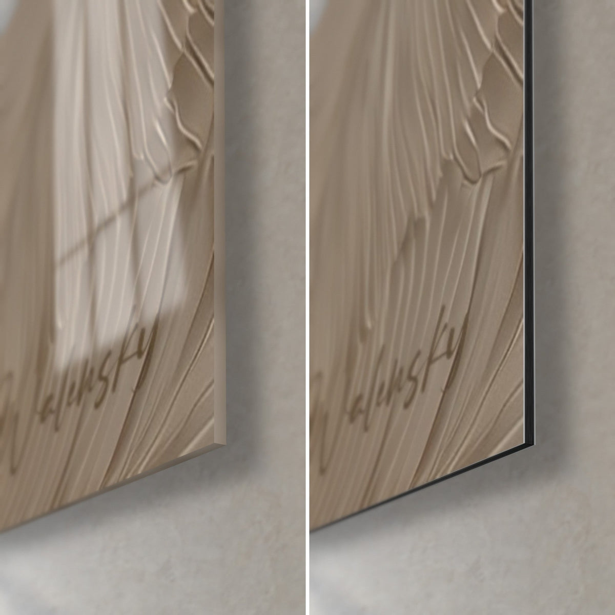 Wall art gold feathers, bottom right corner: glossy acrylic glass with reflections, matte cream beige Dibond, 3 mm black edge