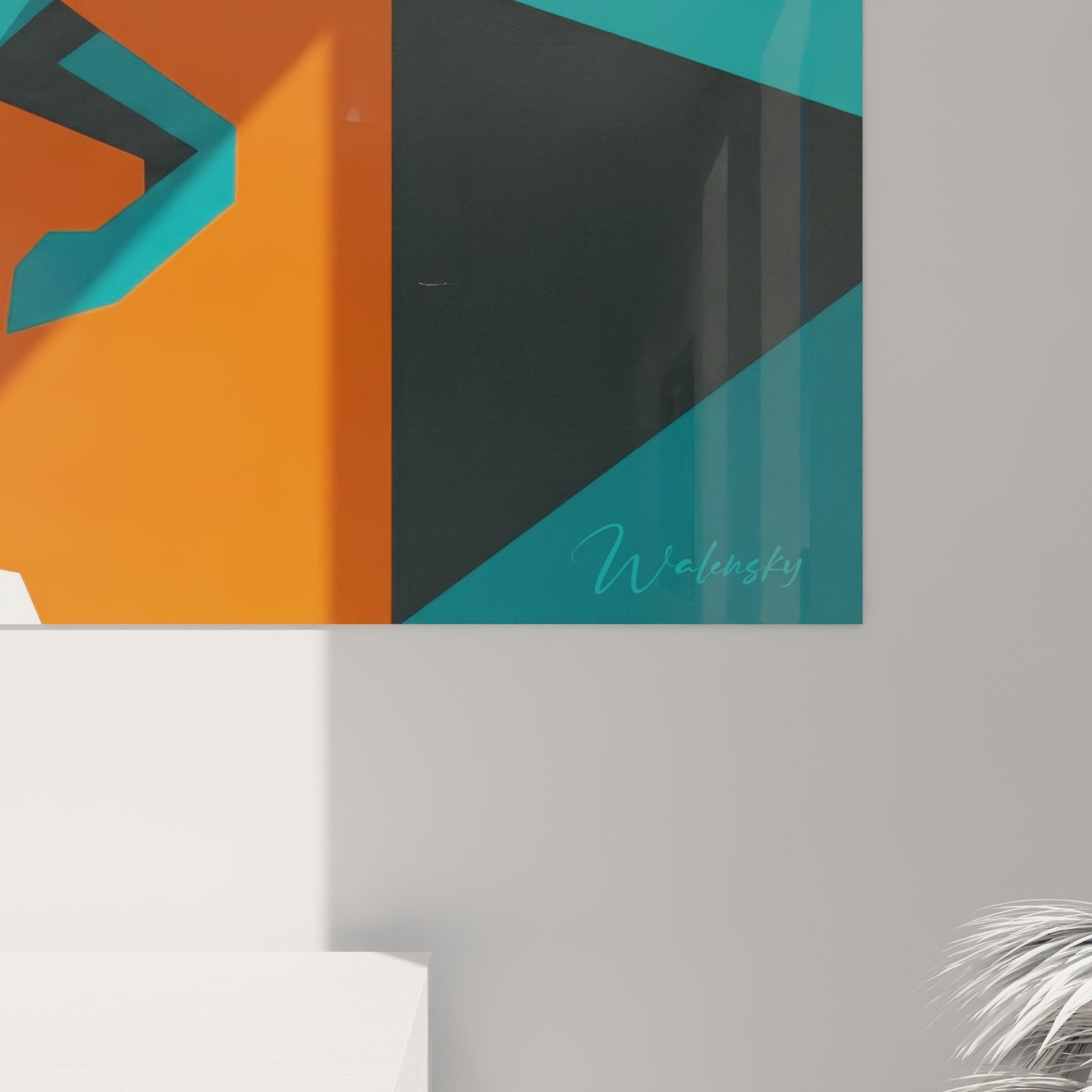 Vue ensemble tableau Pointer Anglais géométrique turquoise orange décoration murale art contemporain