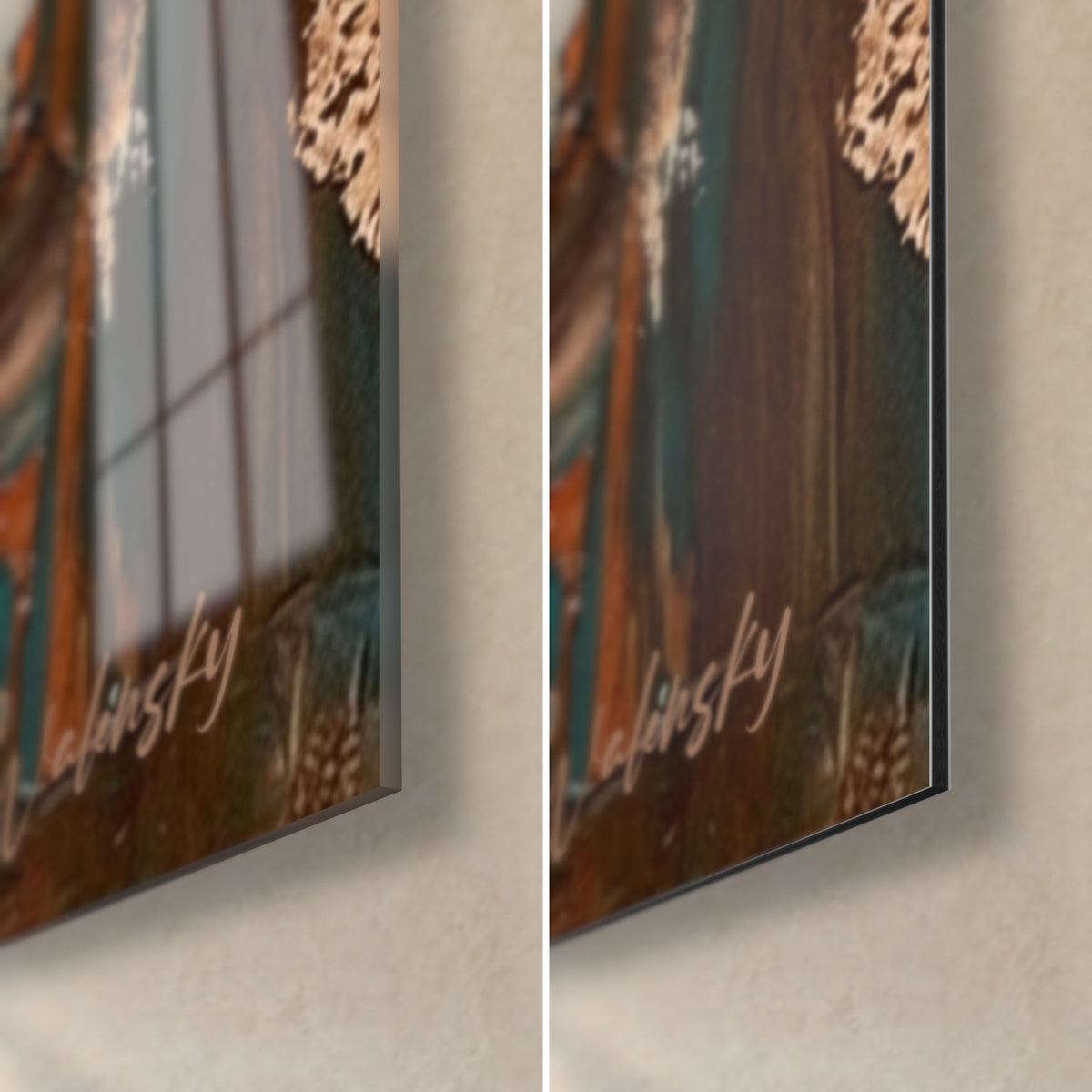Gemälde Hundeporträt mit Ecke unten rechts, glänzendes Acrylglas links, matter ockerfarbener Alu-Dibond rechts, 3 mm Kante sichtbar