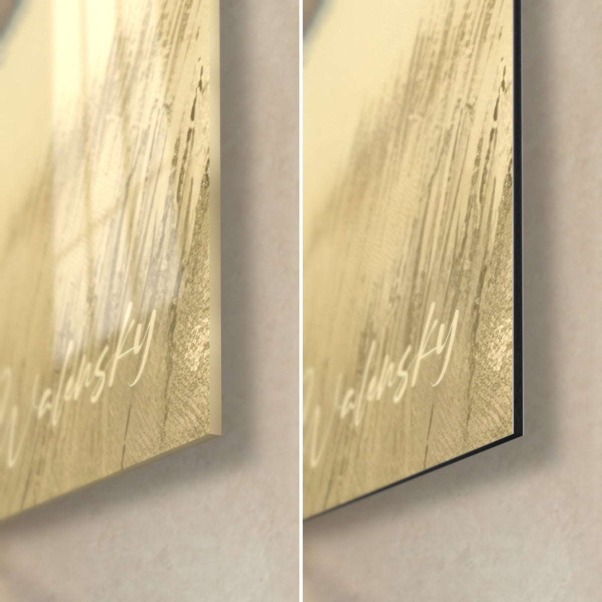 Gemälde Hundesilhouette im Getreide, untere rechte Ecke: glänzendes Acrylglas links, matt Dibond-Aluminium rechts, 3 mm Stärke